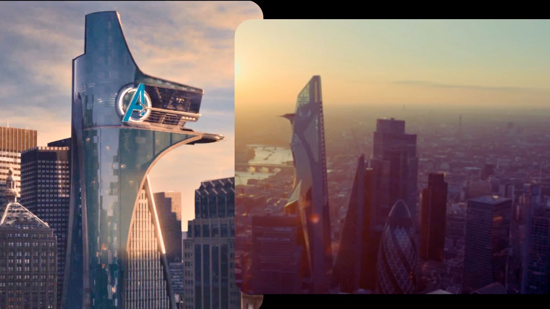 On the left, The Avengers Tower from the MCU. On the right, the UNIT Tower from Doctor Who. | Images via: Disney Plus | Collage by: Beatrix Kondo of Soap Central