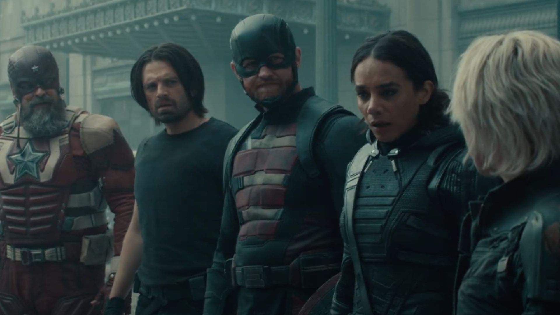 A still from Thunderbolts*, featuring Red Guardian, Bucky Barnes, John Walker, Ghost and Yelena Belova (left to right)