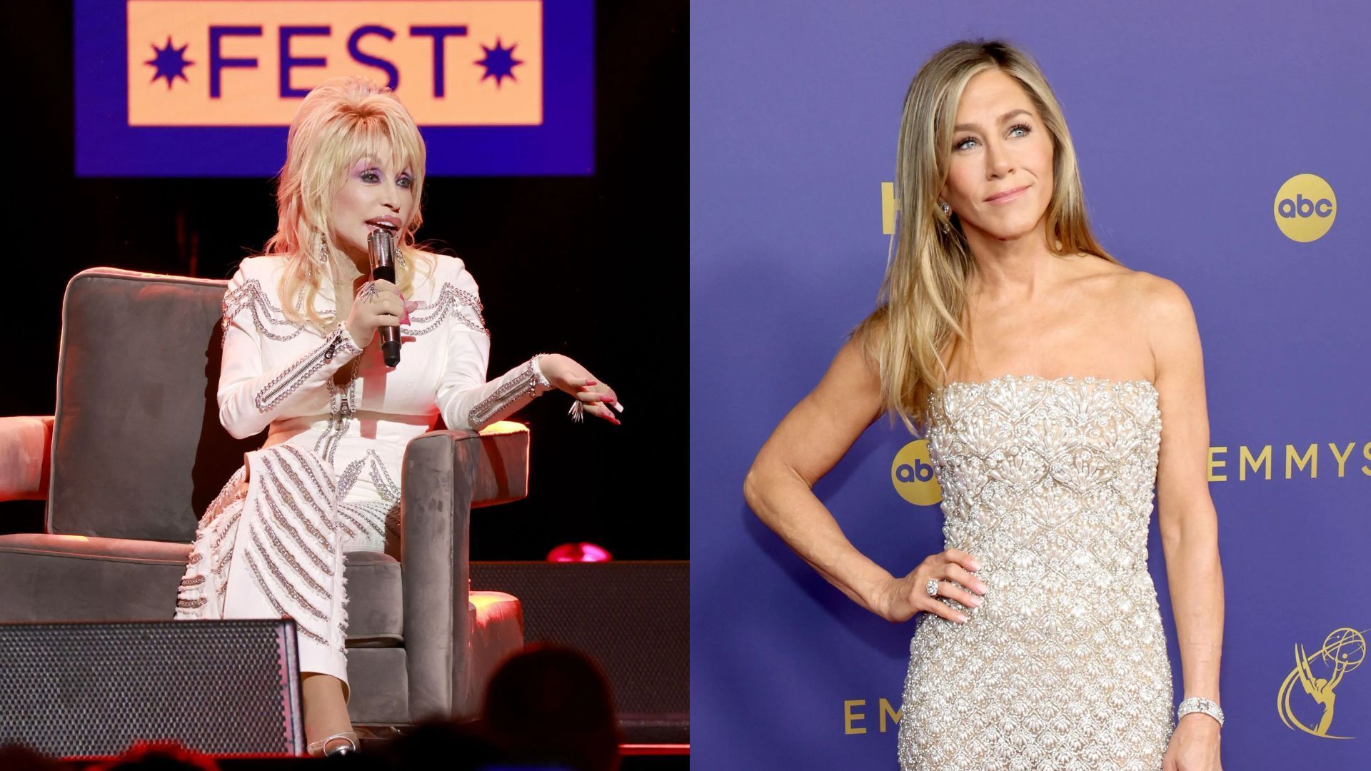 Dolly Parton &amp; Jennifer Aniston - Source: Photo by Jason Kempin/Getty Images, Photo by Kevin Mazur/Getty Images