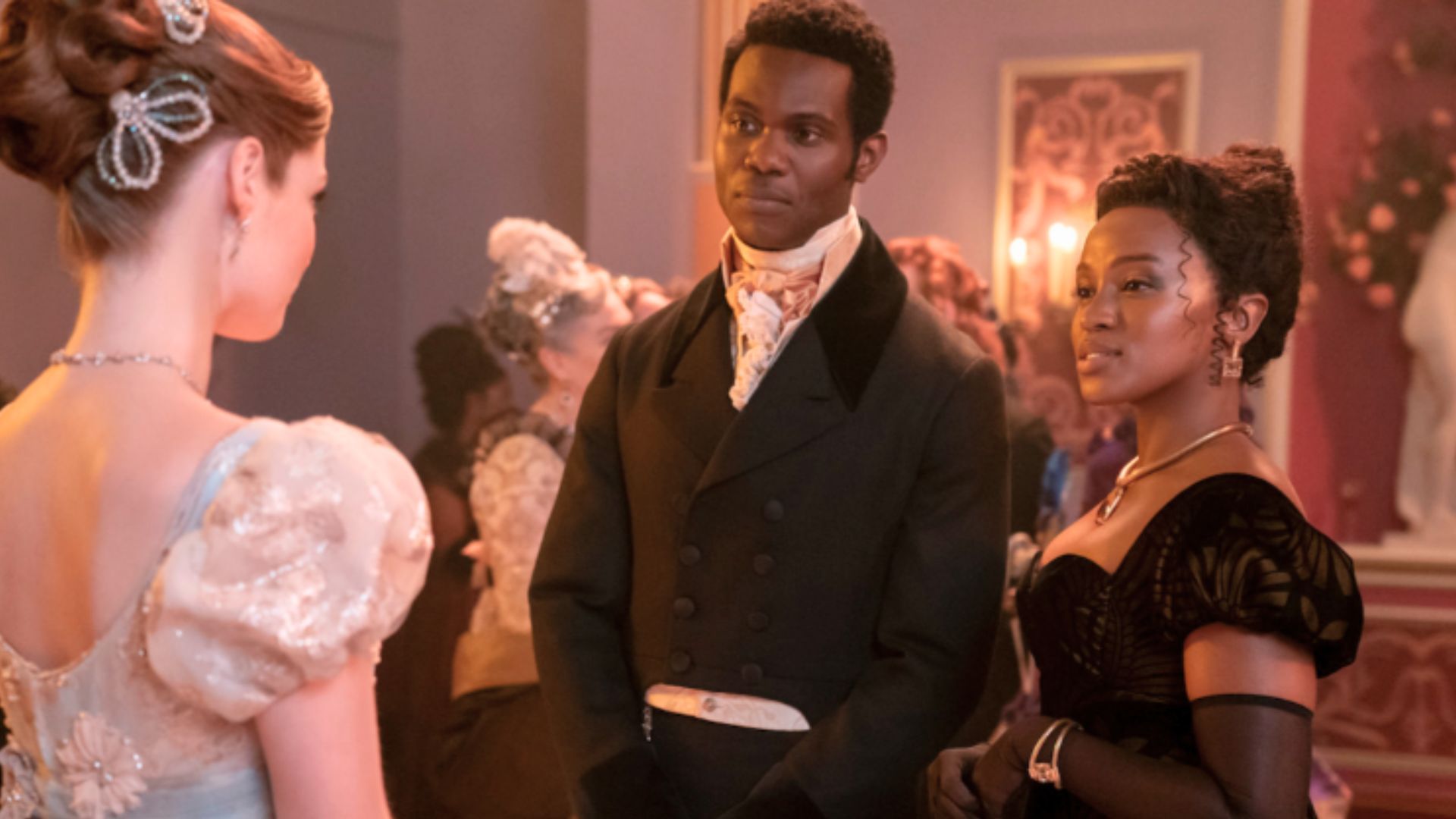 Masali Baduza, Victor Alli, Hannah Dodd in Bridgerton (Image via Netflix)
