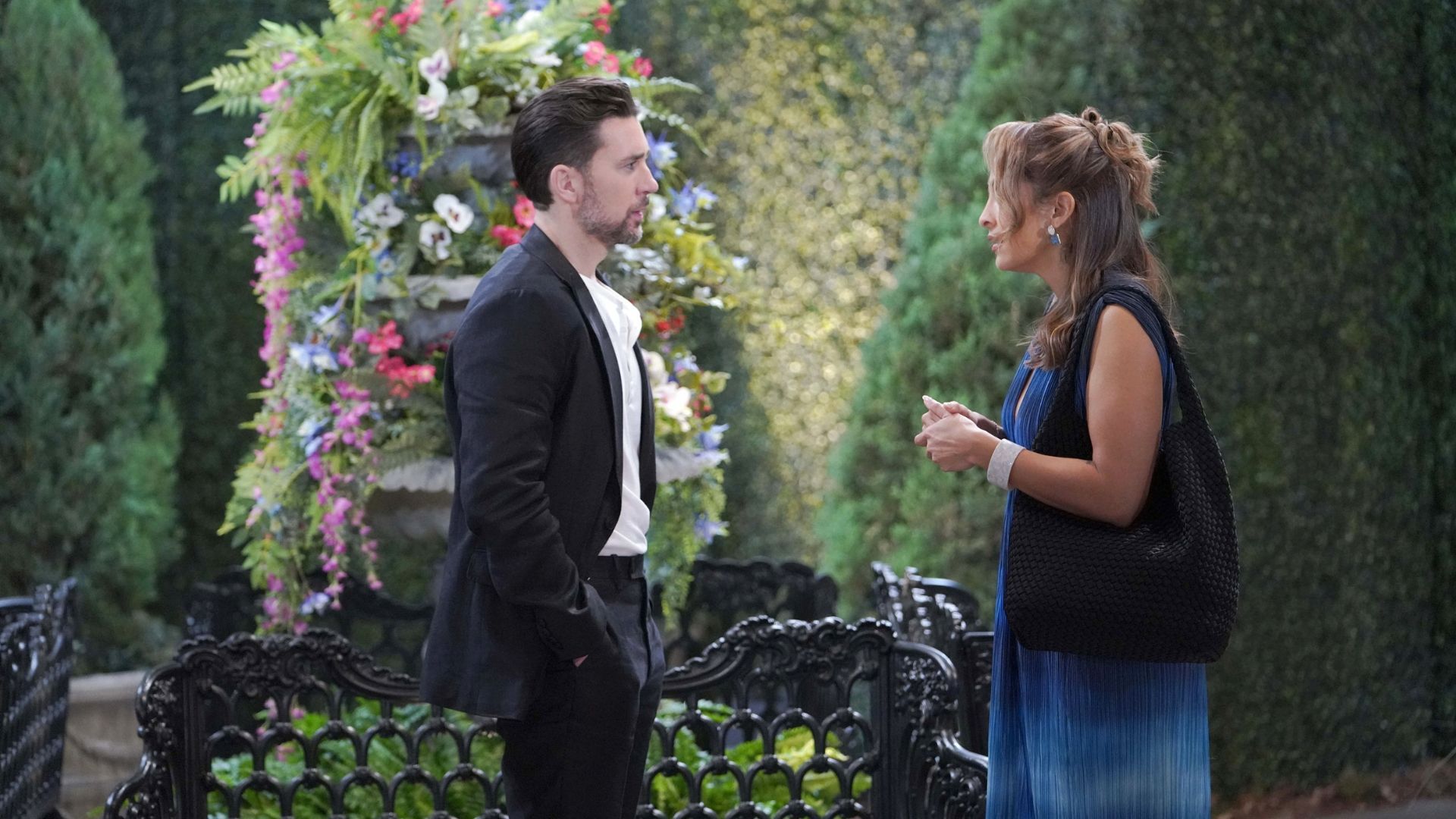 Lily (Christel Khalil) told Cane (Billy Flynn) to get lost in the maze of shrubbery on The Young and the Restless | Image: JPI