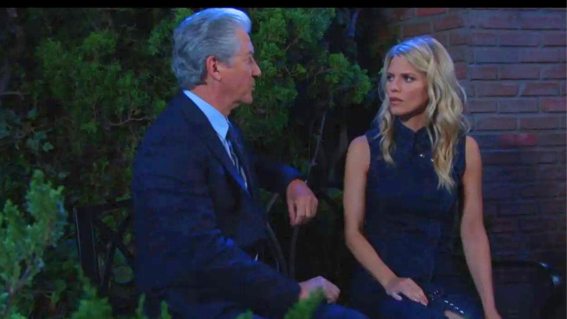 Cat (AnnaLynne McCord) had a clandestine meeting with Shane (Charles Shaughnessy) | Image: Peacock