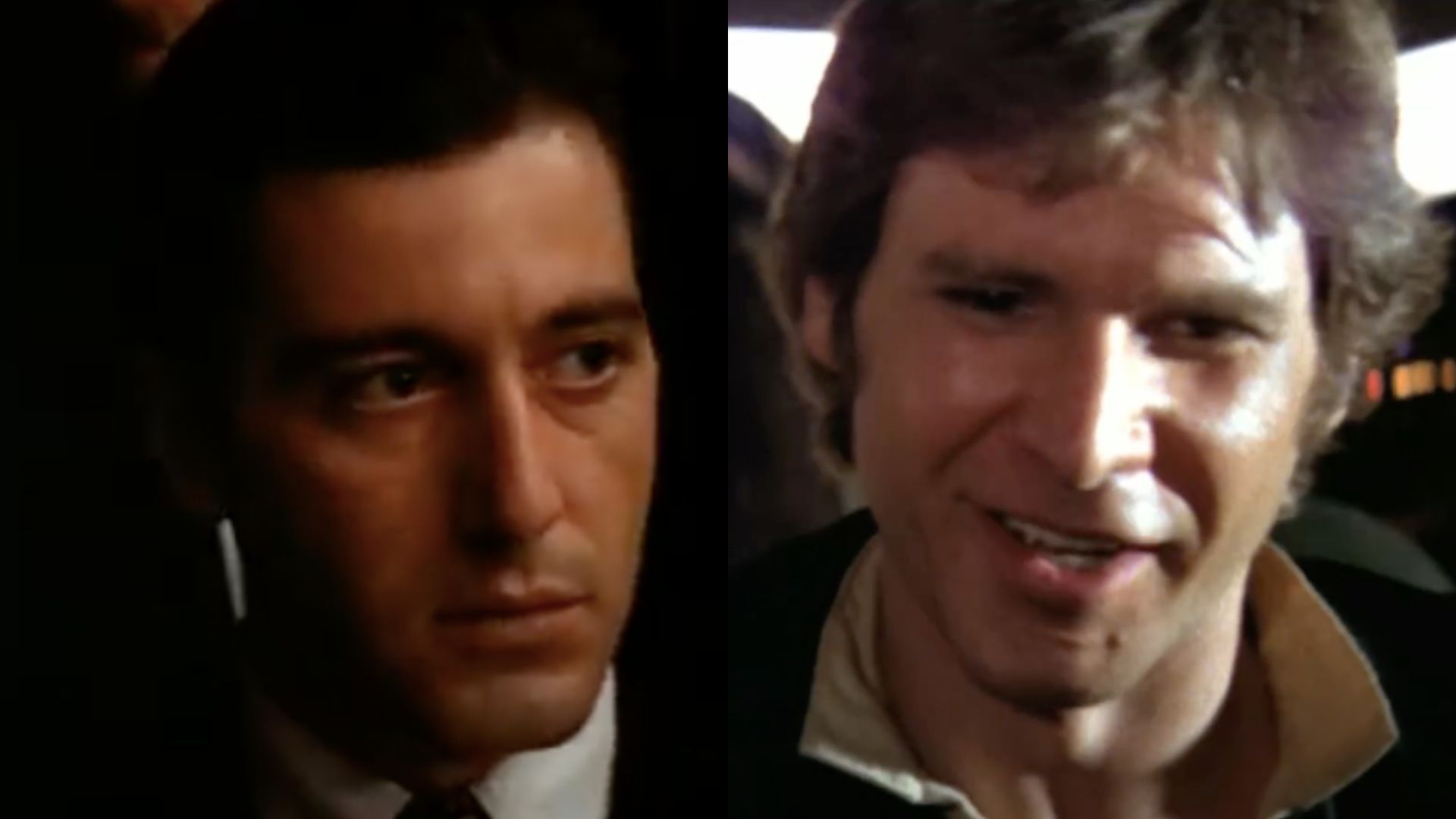 This is a collage of images of actor Al Pacino (left) and Harrison Ford as Han Solo (right)