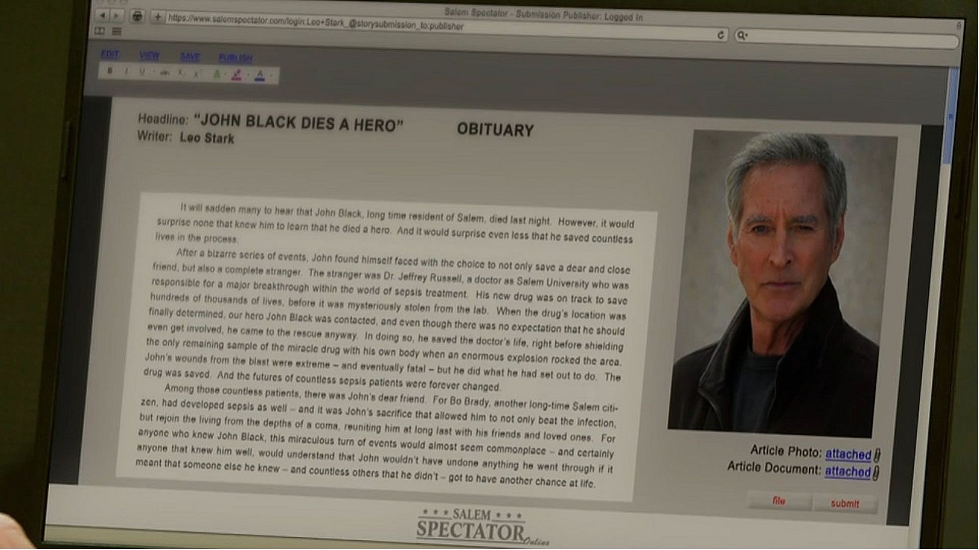 Days of Our Lives&#039; obituary for John. | Image Source: Peacock