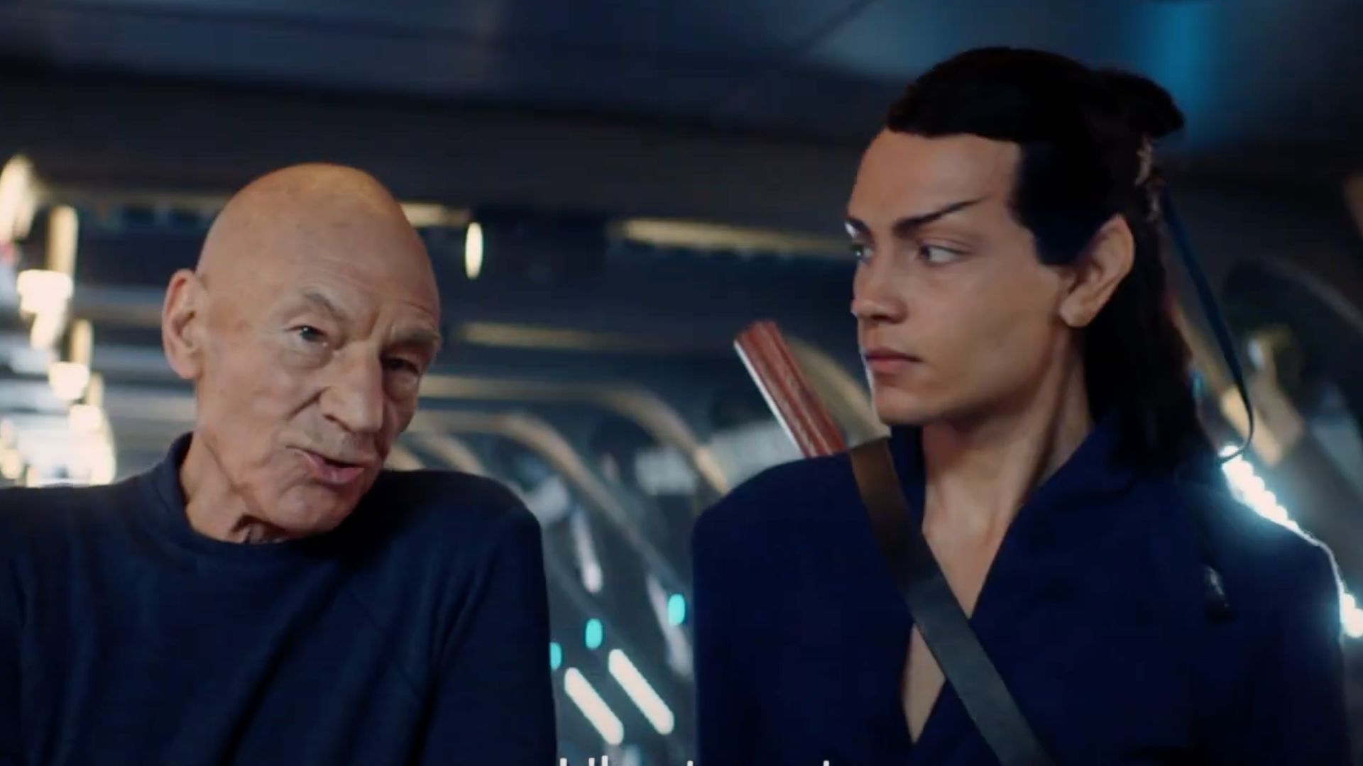 Admiral Jean-Luc Picard and Elnor in Star Trek Picard (Image via YouTube/Amazon Prime Video Italia)