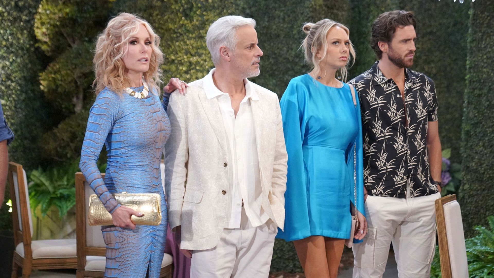 Lauren (Tracey Bregman), Michael (Christian LeBlanc), Abby (Melissa Ordway), and Chance (Conner Floyd) had questions about Cane on The Young and the Restless | Image: JPI