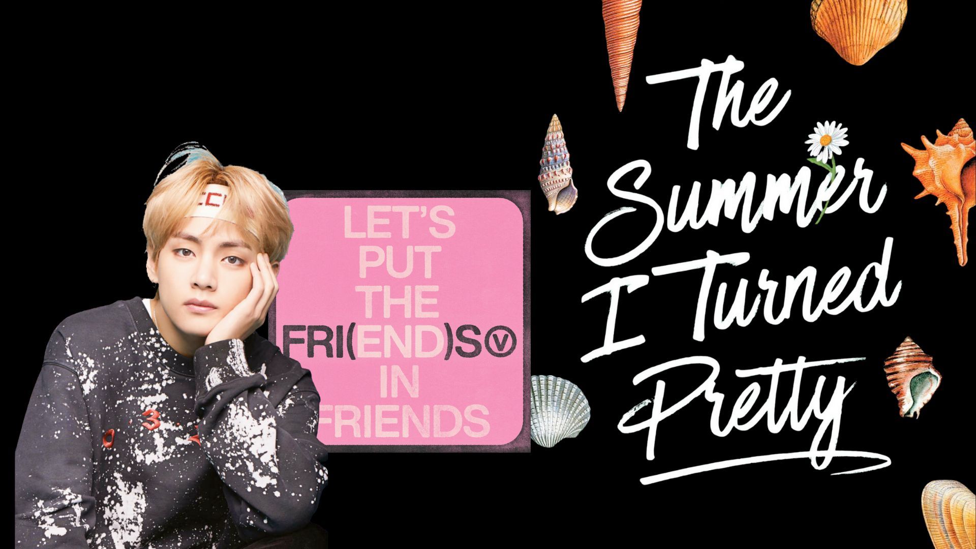 V of BTS + cover of The Summer I Turned Pretty book + cover of the FRI(END)S single | Images via: Amazon/HYBE | Collage by: Beatrix Kondo of Soap Central