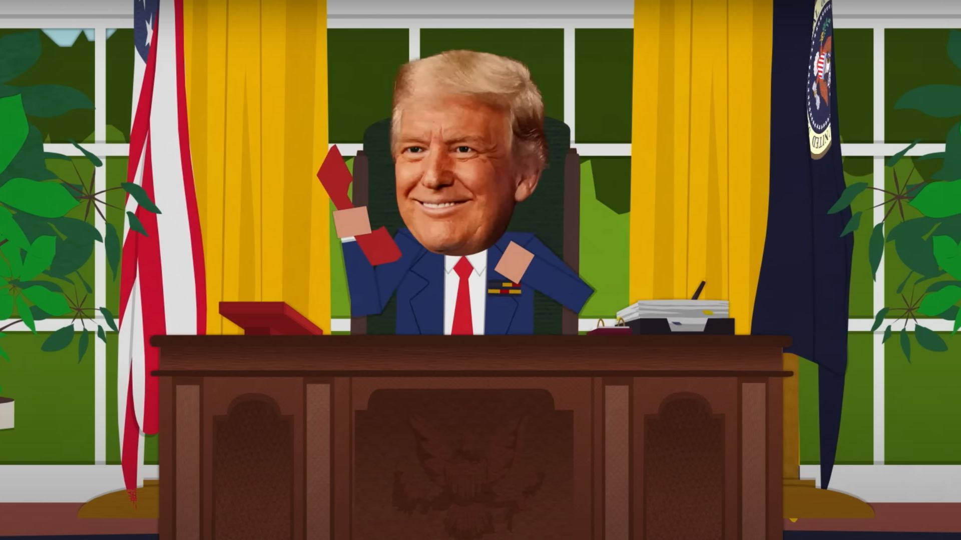 Stephen Colbert reacts to South Park&rsquo;s AI Trump Episode (Image via South Park Studios)