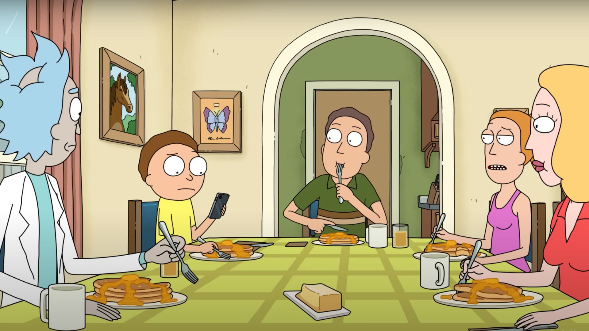 Rick and Morty Season 8 Episode 9 unveils a Minority Report-style restaurant (Image via Adult Swim)
