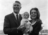 At Southampton, Cary Grant, his wife Dyan, and their 5-month-old baby, Jennifer on board the Oriana. July 15, 1966. (Photo by Dewhirst/Daily Mirror/Mirrorpix via Getty Images)