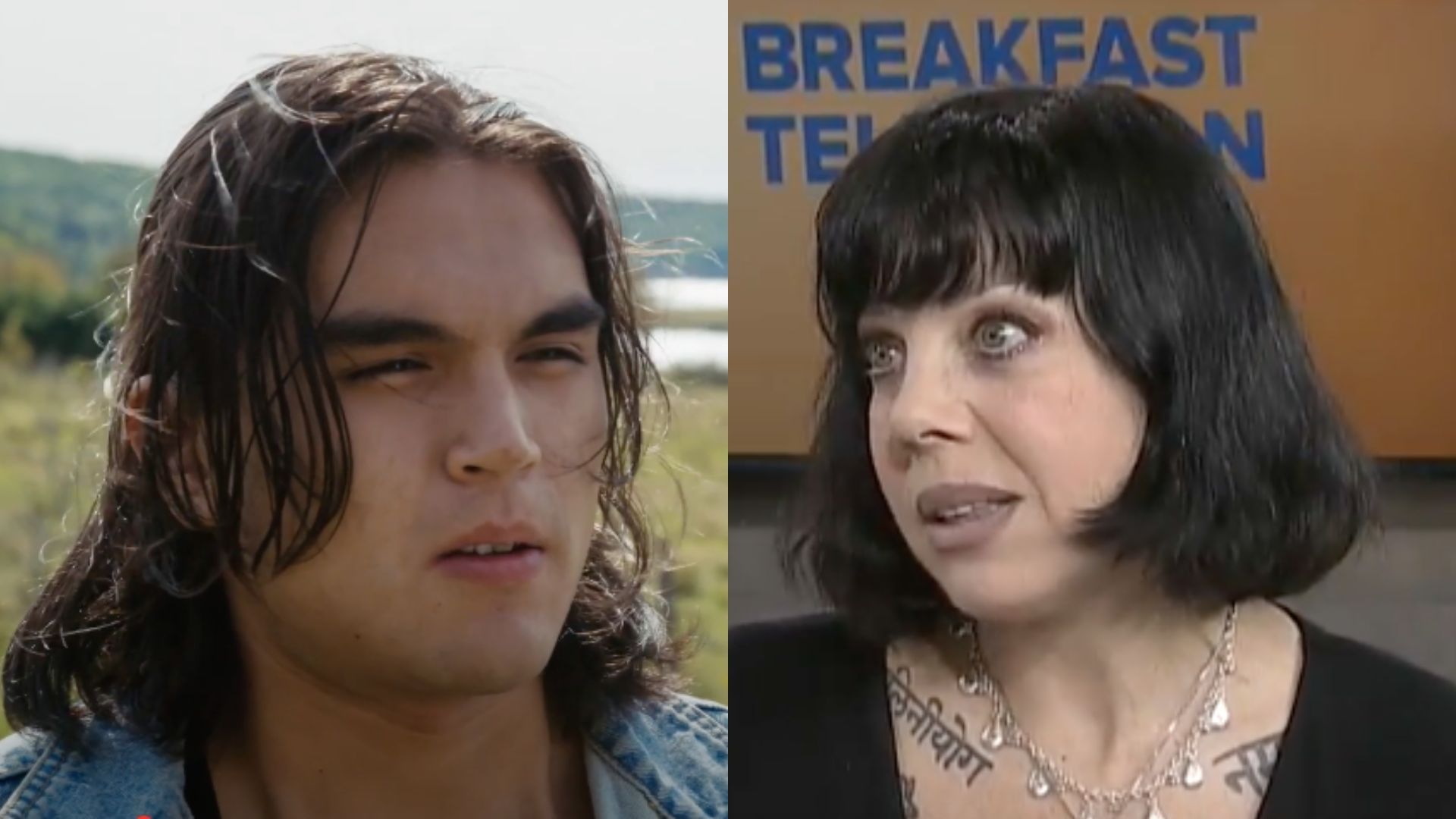 This is a collage of the images of Joshua Odjick (left) and Bif Naked (right)