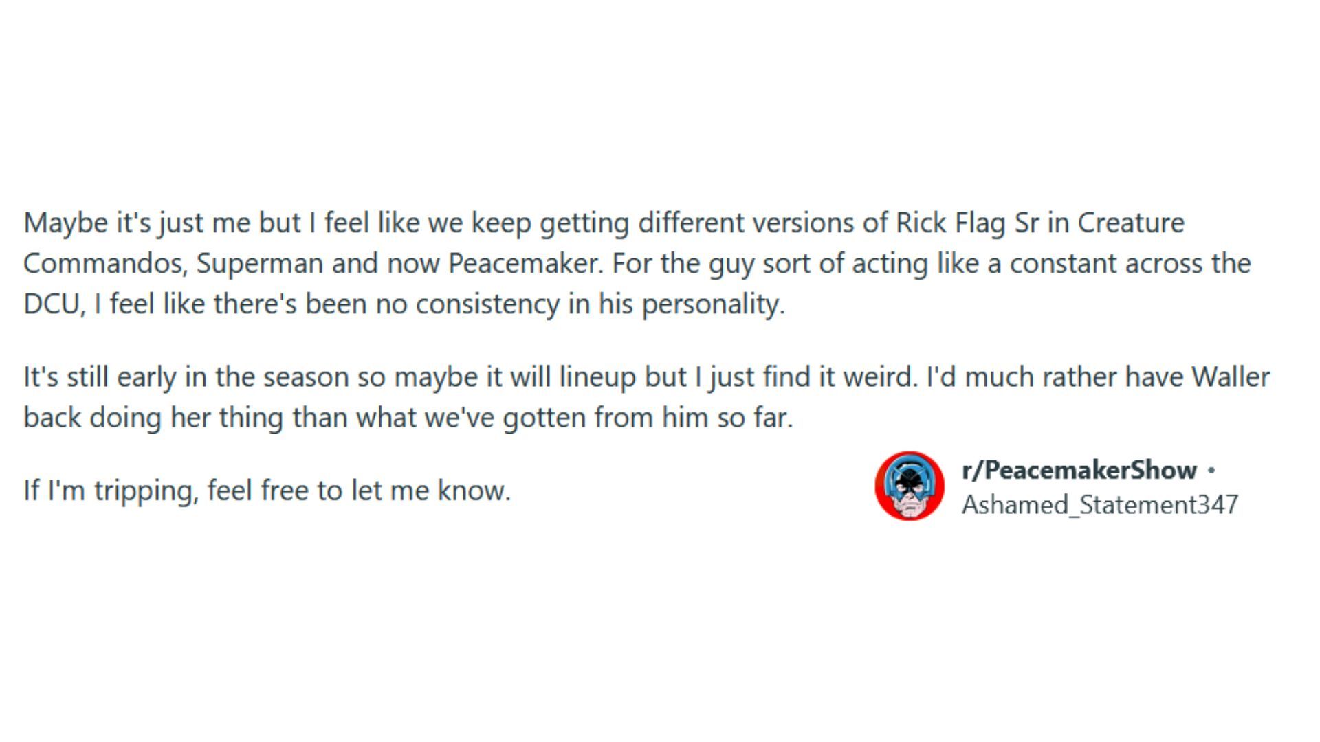 Ashamed_Statement347 on Reddit about Peacemaker Season 2 &amp; Rick Flag Sr.
