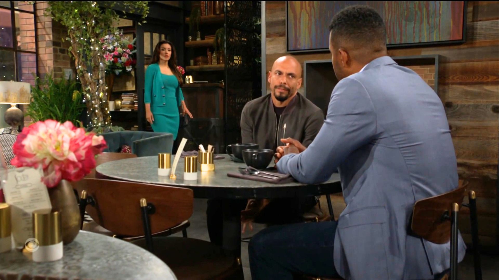 Audra (Zuleyka Silver) caught Nate&#039;s (Sean Dominic) eye when he was with Devon (Bryton James) but they&#039;re still apart on The Young and the Restless | Image: CBS