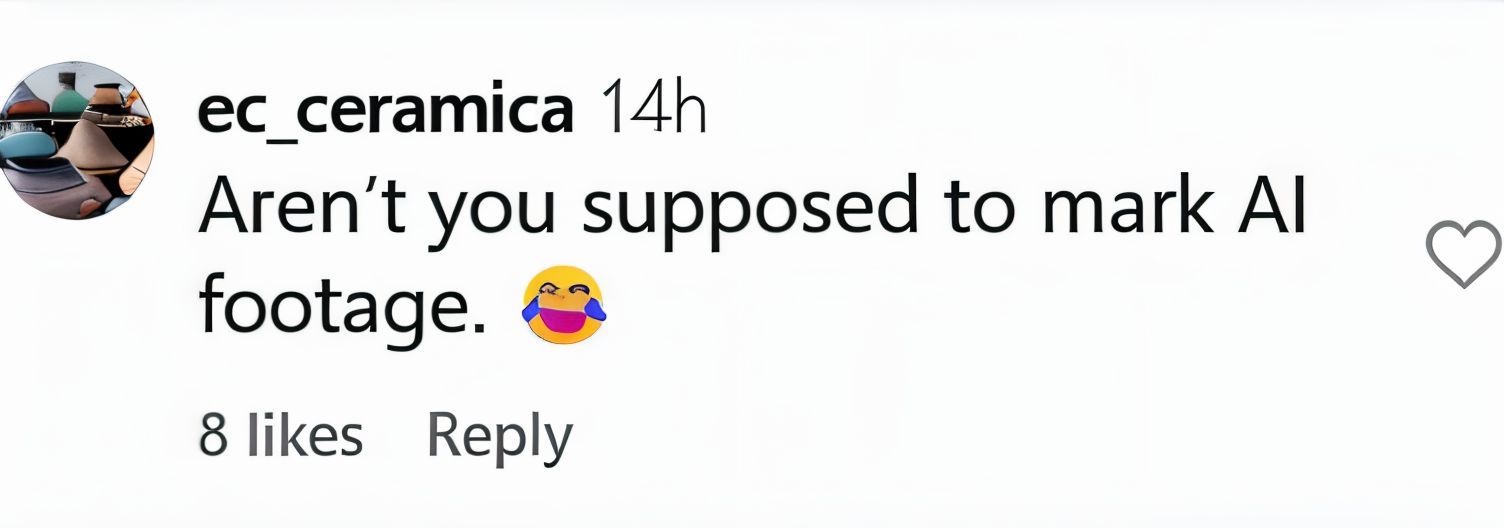 A user questions why Smith hasn&#039;t marked the footage as AI (image via @ec_ceramica on Instagram)
