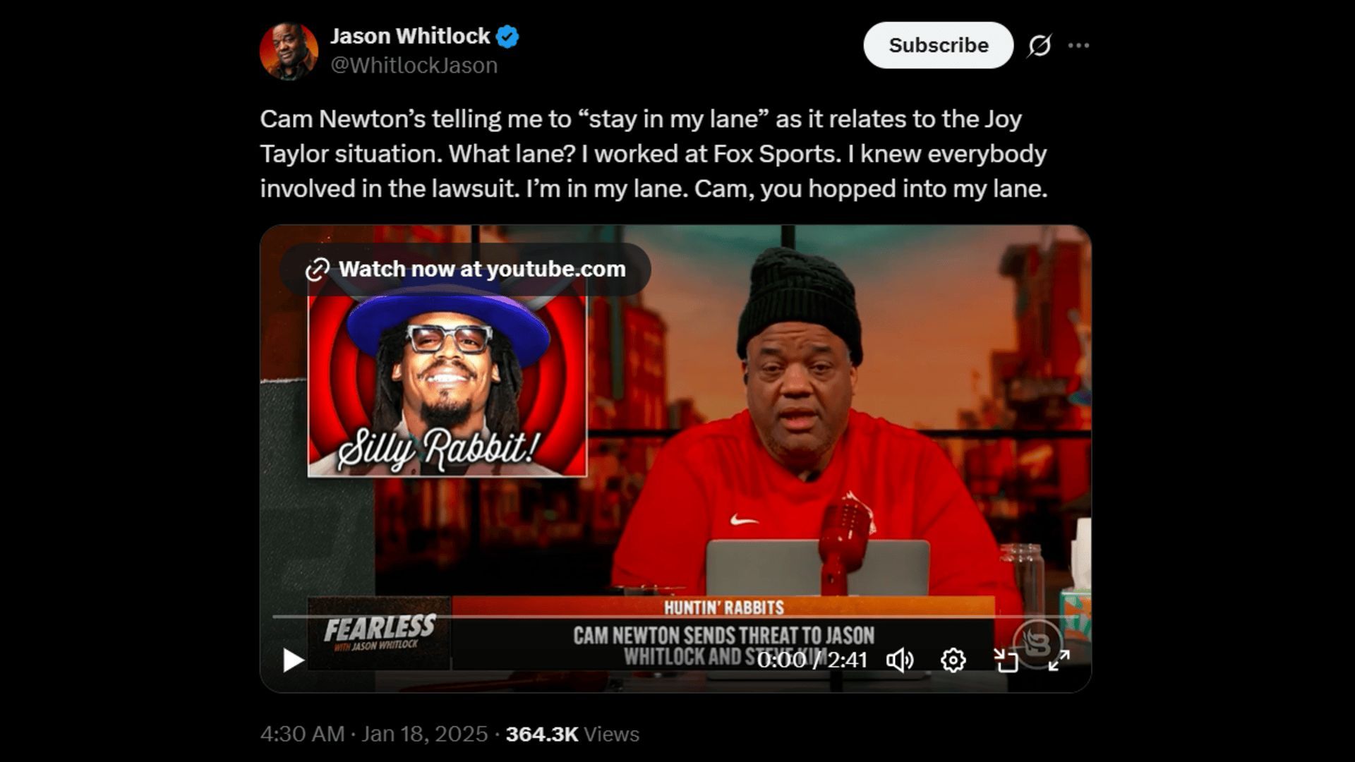Jason Whitlock slams Cam Newton for weighing into the Joy Taylor drama. (Image via X)