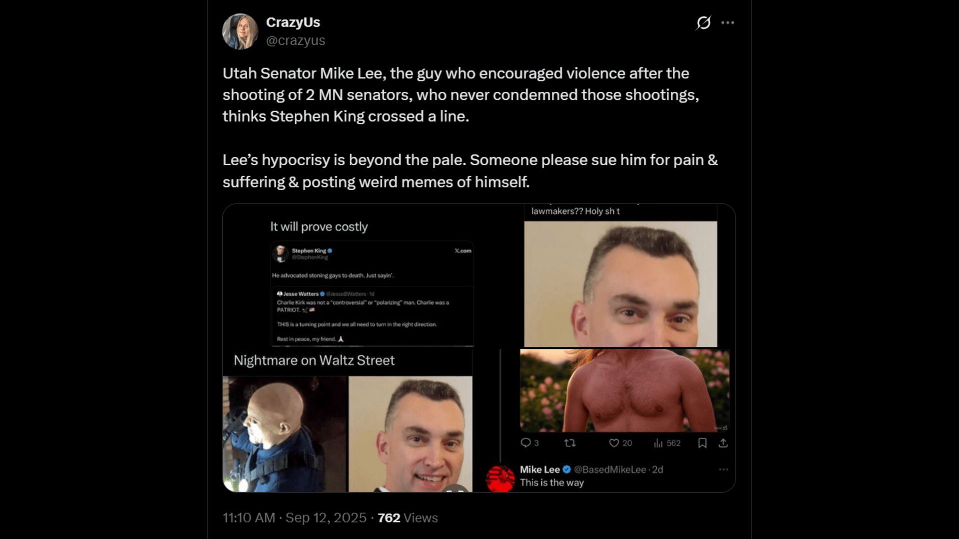 Netizens call out Mike Lee&#039;s Stephen King comments after Charlie Kirk&#039;s murder. (Image via X/ @crazyus)