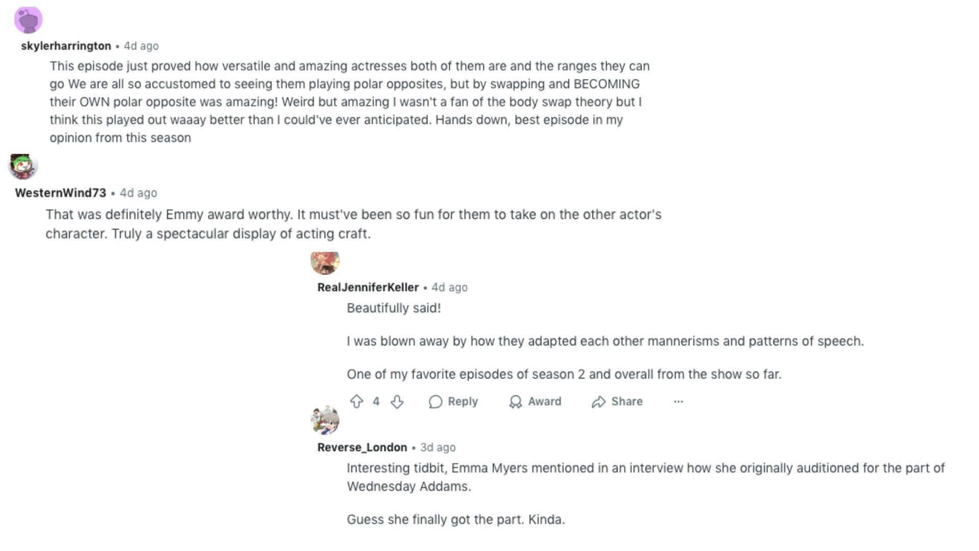 A compilation of comments praising Jenna Ortega and Emma Myers&#039; performance in Wednesday Season 2 | Image via r/Wednesday