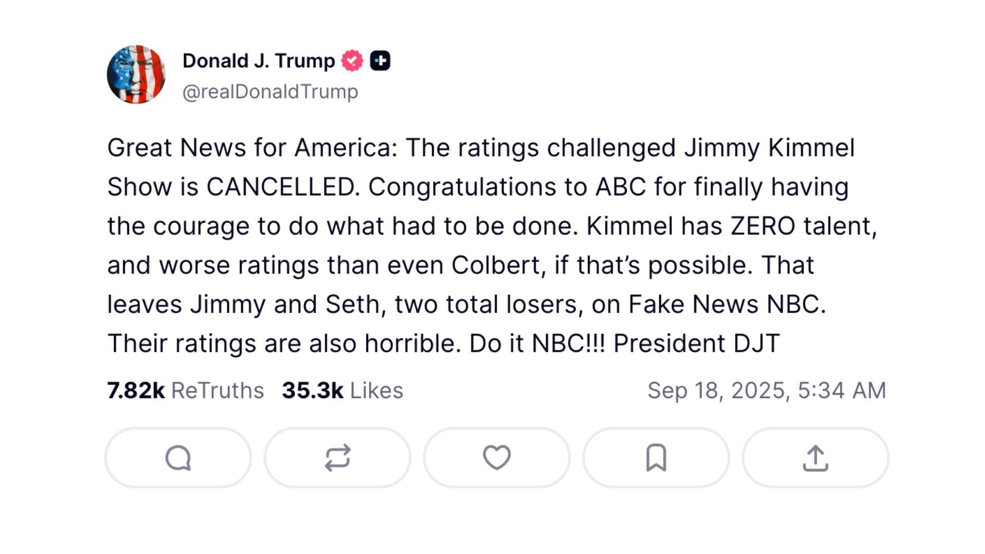 Trump reacts to Jimmy Kimmel Live getting canceled (Image via Truth Social)