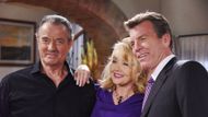 Jack (Peter Bergman) and Victor (Eric Braeden) and Nikki (Melody Thomas Scott) all agree that Cane needs to be stopped on The Young and the Restless | Image: JPI