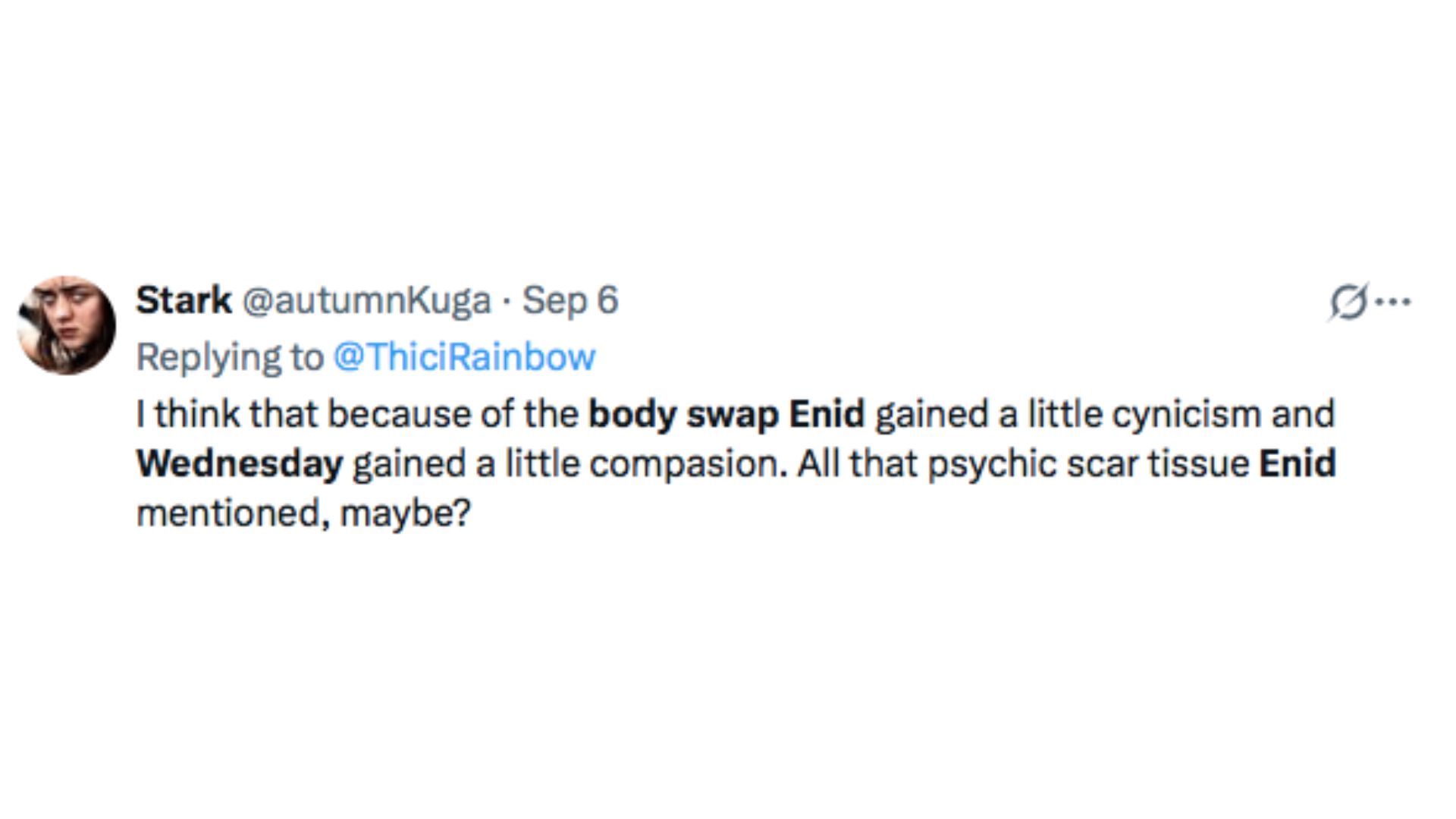 A comment on Twitter about Wednesday 2 body swap | Image via @Twitter/autumnKuga