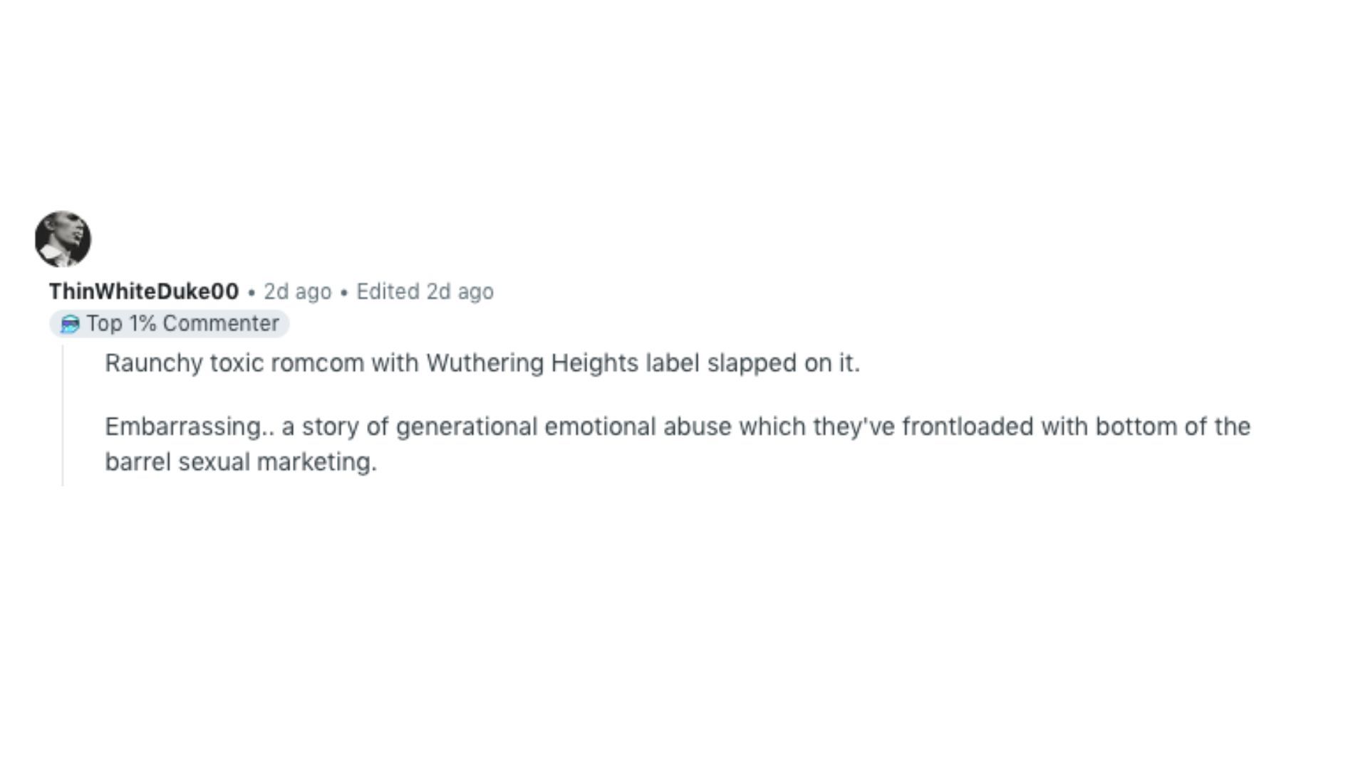 A Reddit comment on Wuthering Heights teaser | Image via @Reddit r/movies