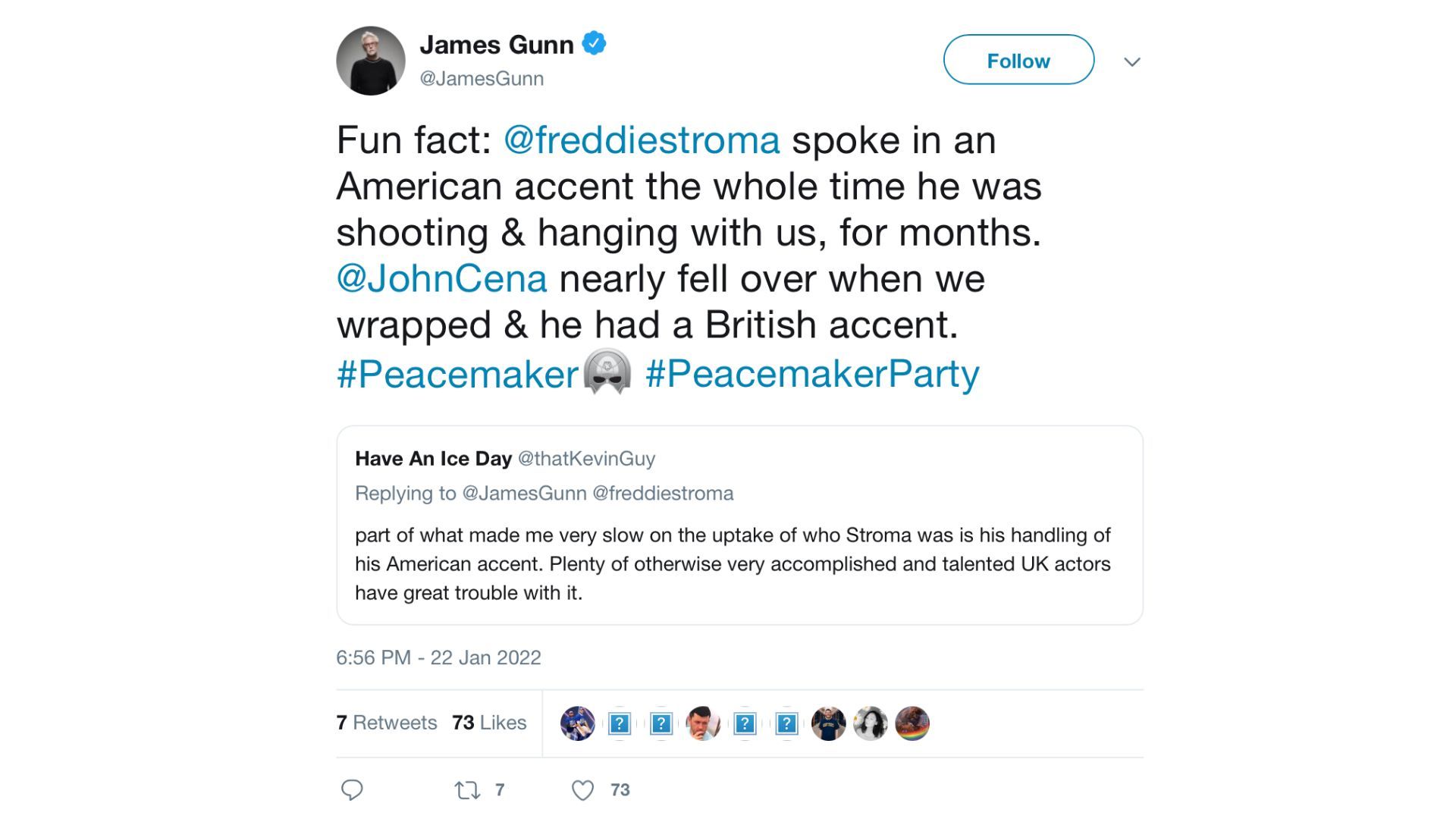 James Gunn tweets about Freddie Stroma&#039;s accent (Imaage via web.archive.org)