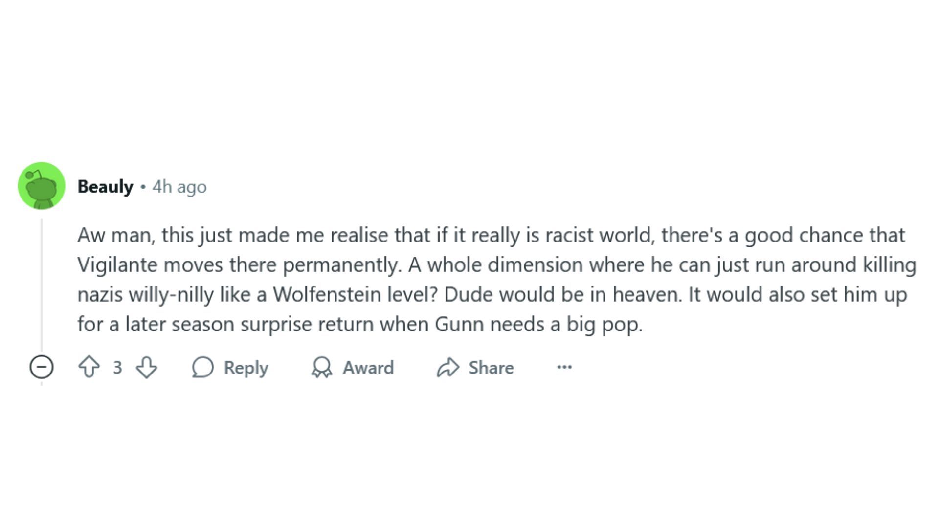 User Beauly about Adrian Chase, aka Vigilante speculations in Peacemaker Season 2 (Source: Reddit)