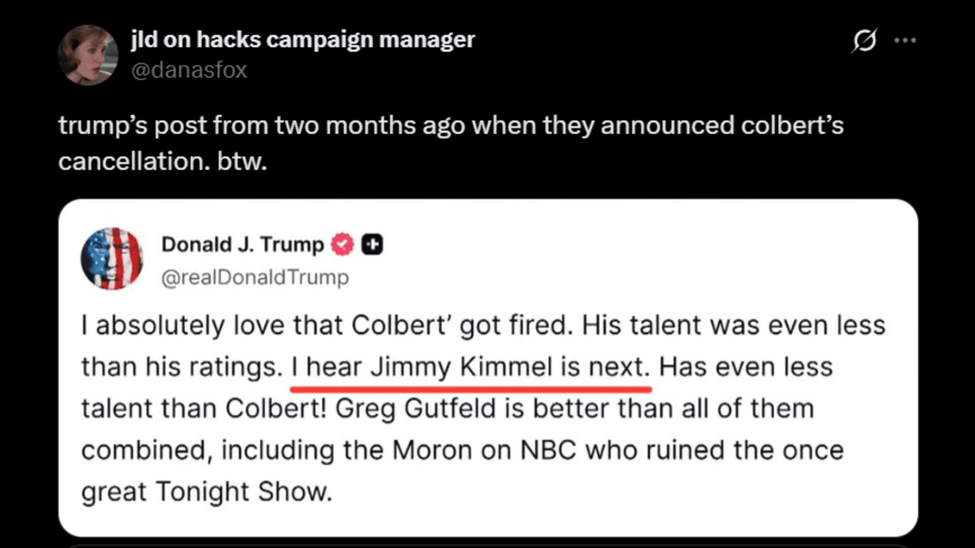 Donald Trump predicting Jimmy Kimmel&#039;s cancellation in July. (Image via X)