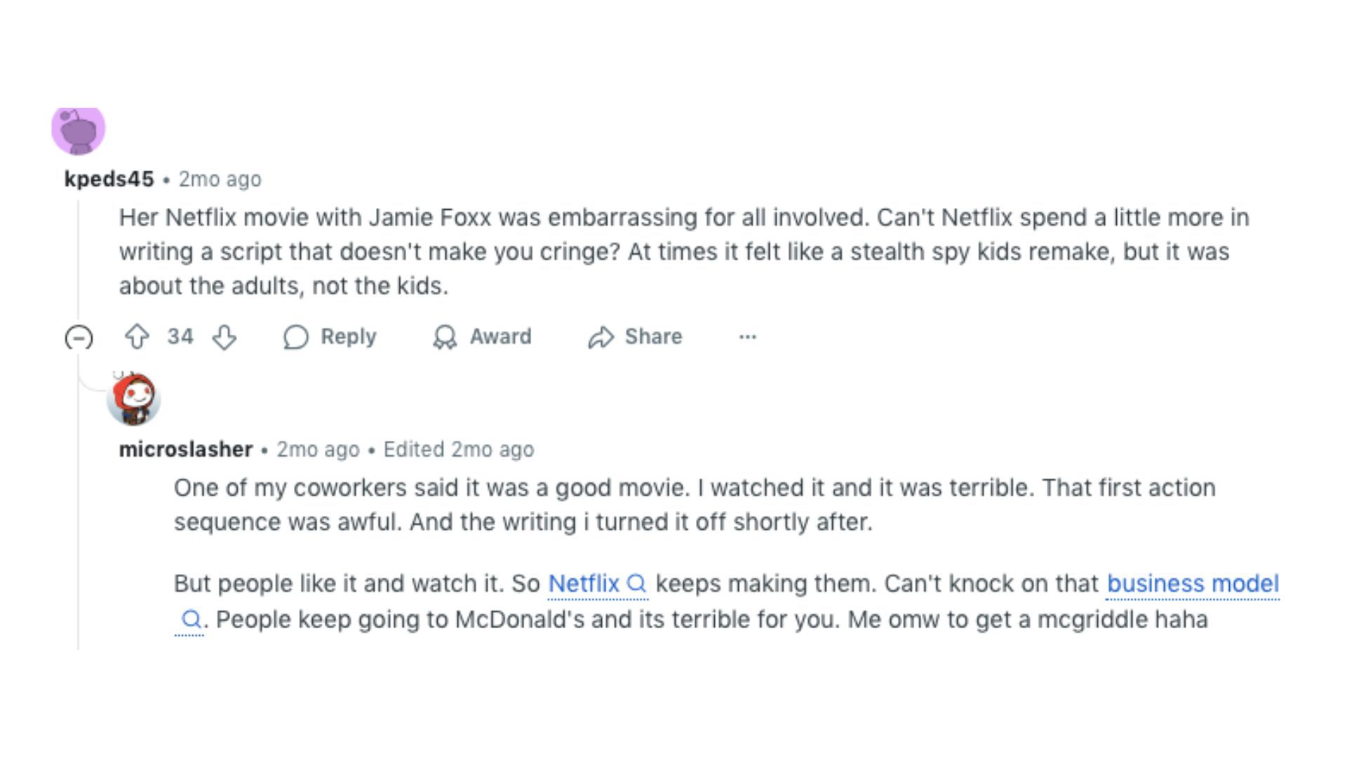 A comment thread on Reddit about Bad Day | Image via Reddit: r/movies