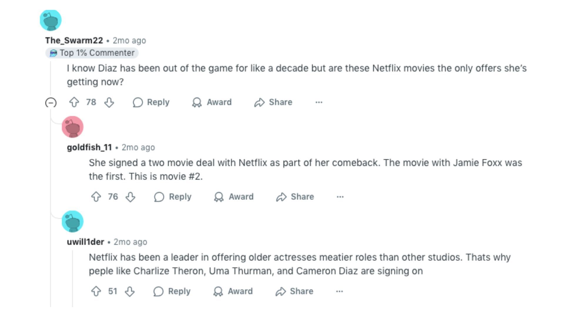 A comment thread on Reddit | Image via Reddit: r/movies
