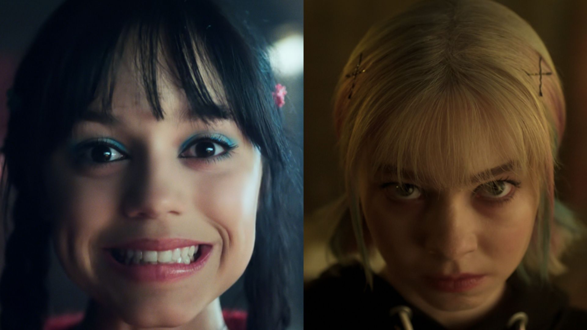 This is a collage of Wednesday and Enid after the body swap in Wednesday Season 2. Jenna Ortega (left) and Emma Myers (right)
