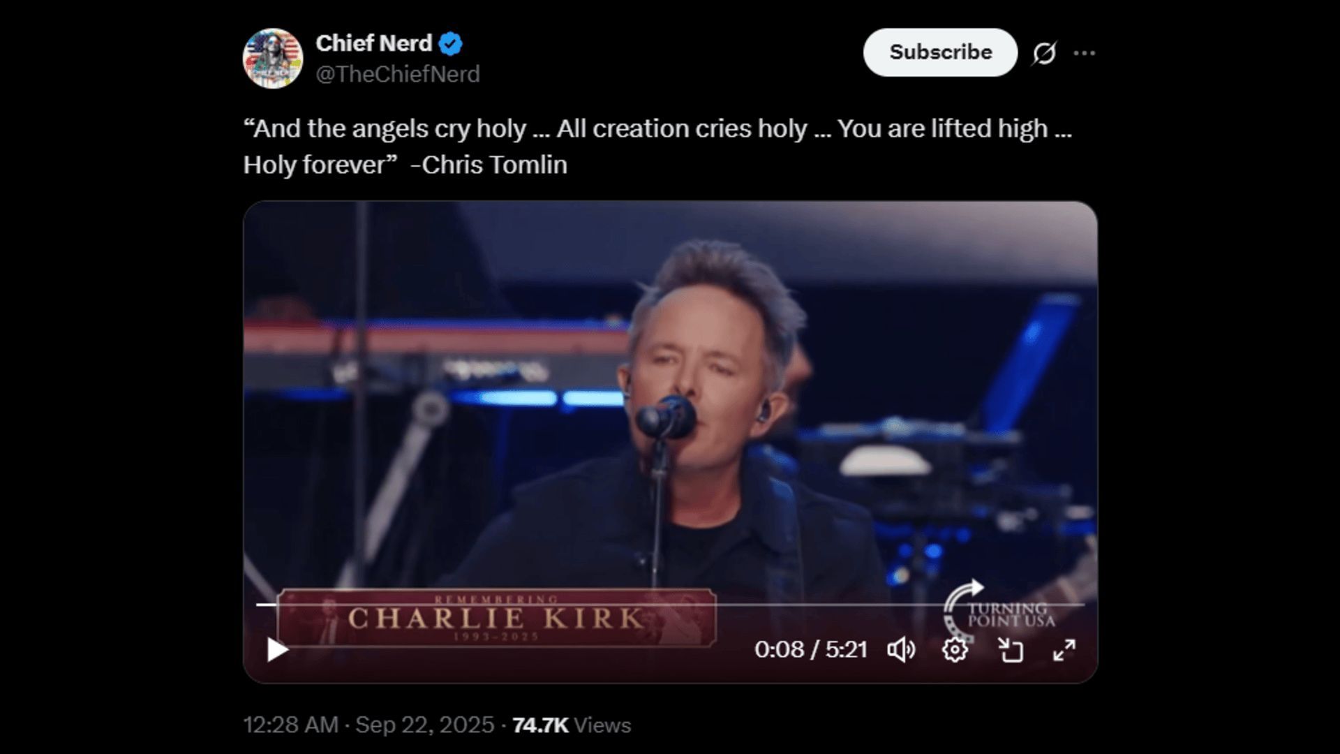 Chris Tomlin performing at Charlie Kirk&#039;s memorial. (Image via X)