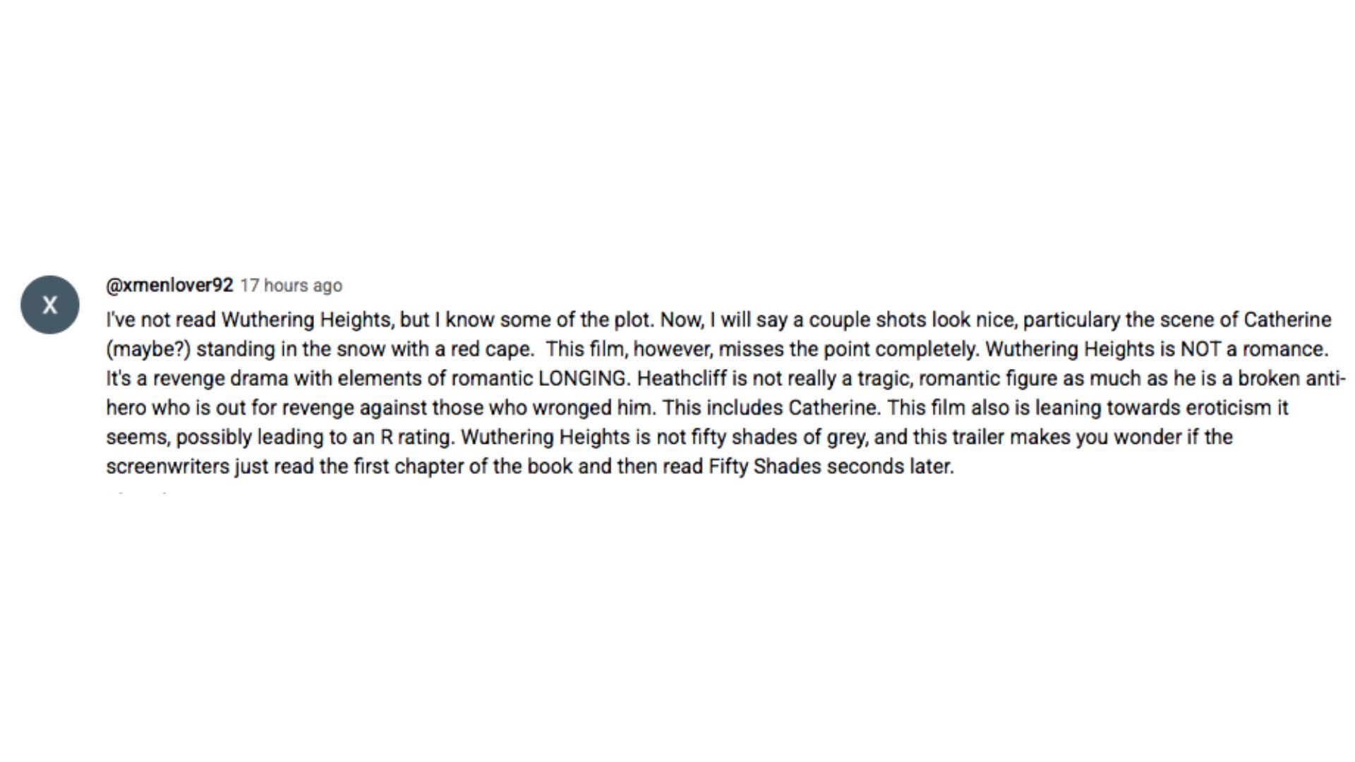 A YouTube comment on Wuthering Heights teaser | Image via @Youtube/WarnerBros.