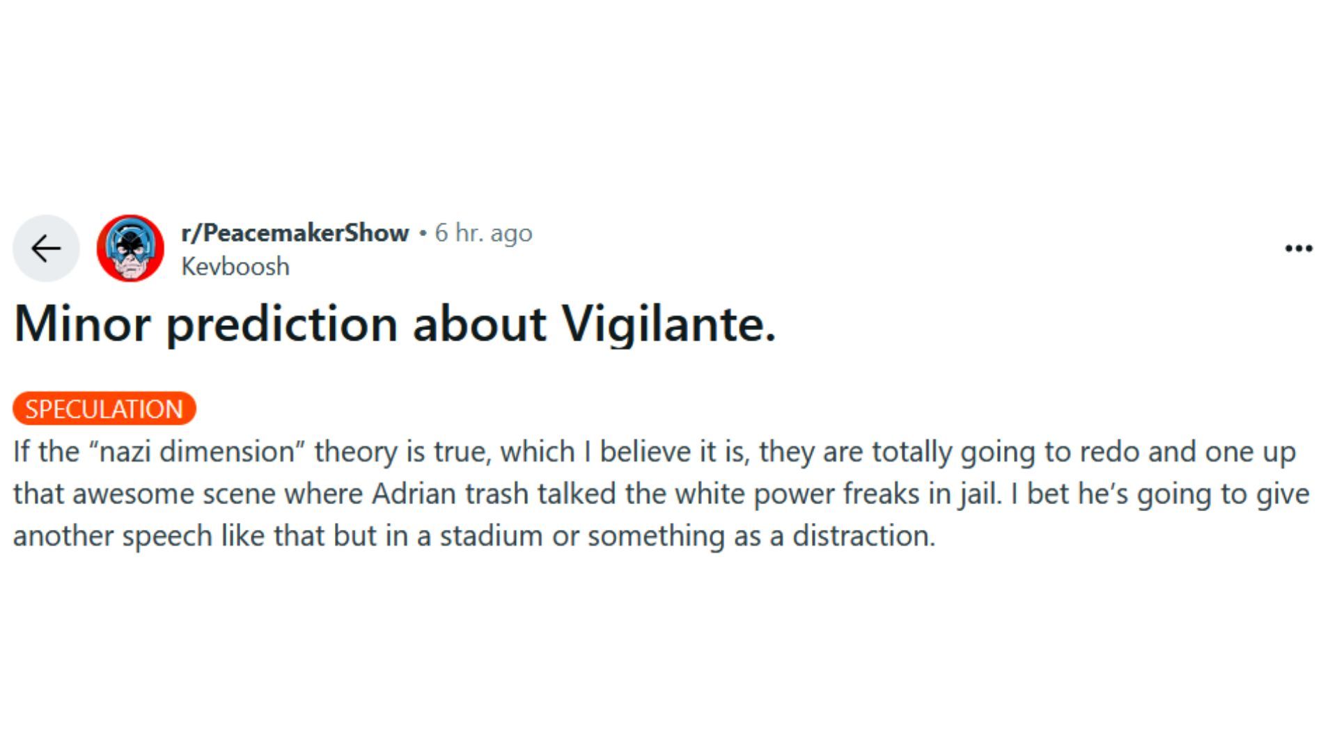 User Kevboosh about Adrian Chase, aka Vigilante speculations in Peacemaker Season 2 (Source: Reddit)