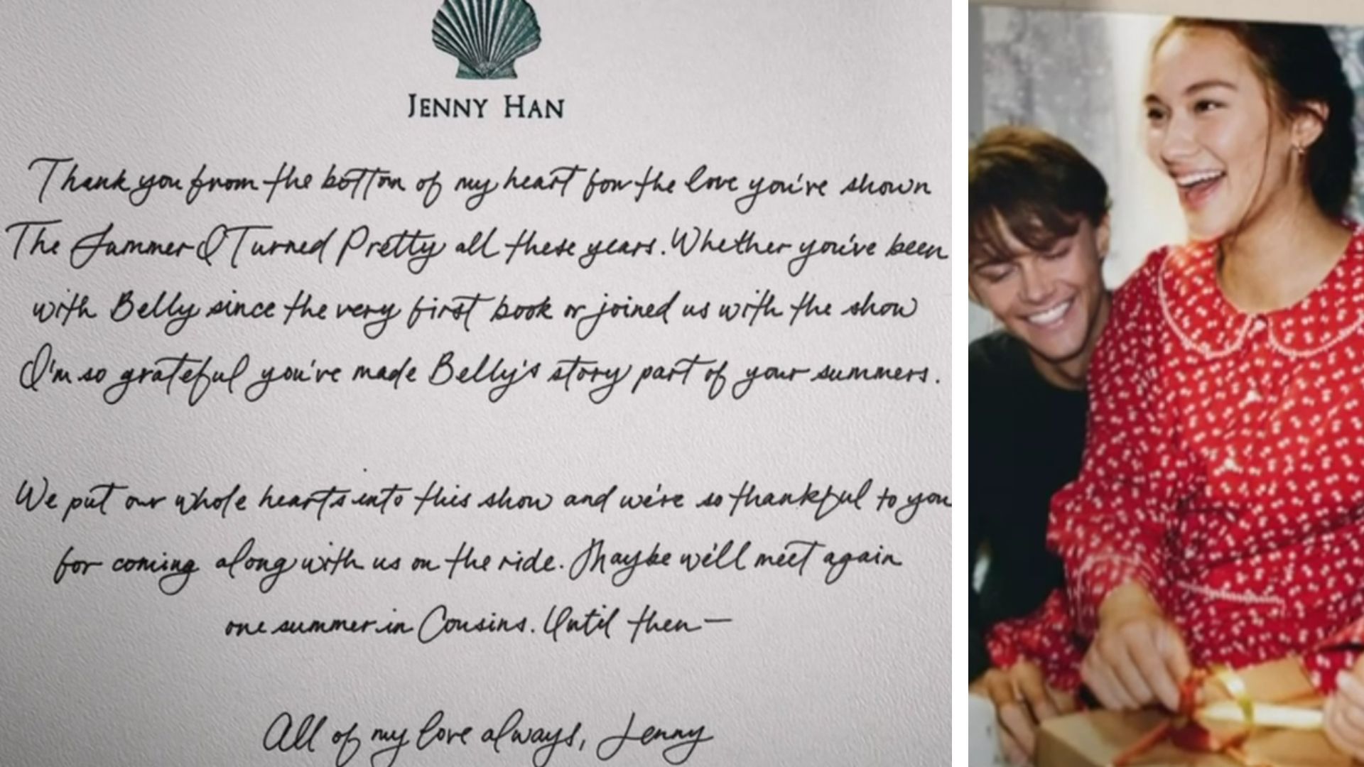 Jenny Han&#039;s letter &amp; Conrad and Belly in The Summer I Turned Pretty Season 3 Finale (Image Via: Prime Video)