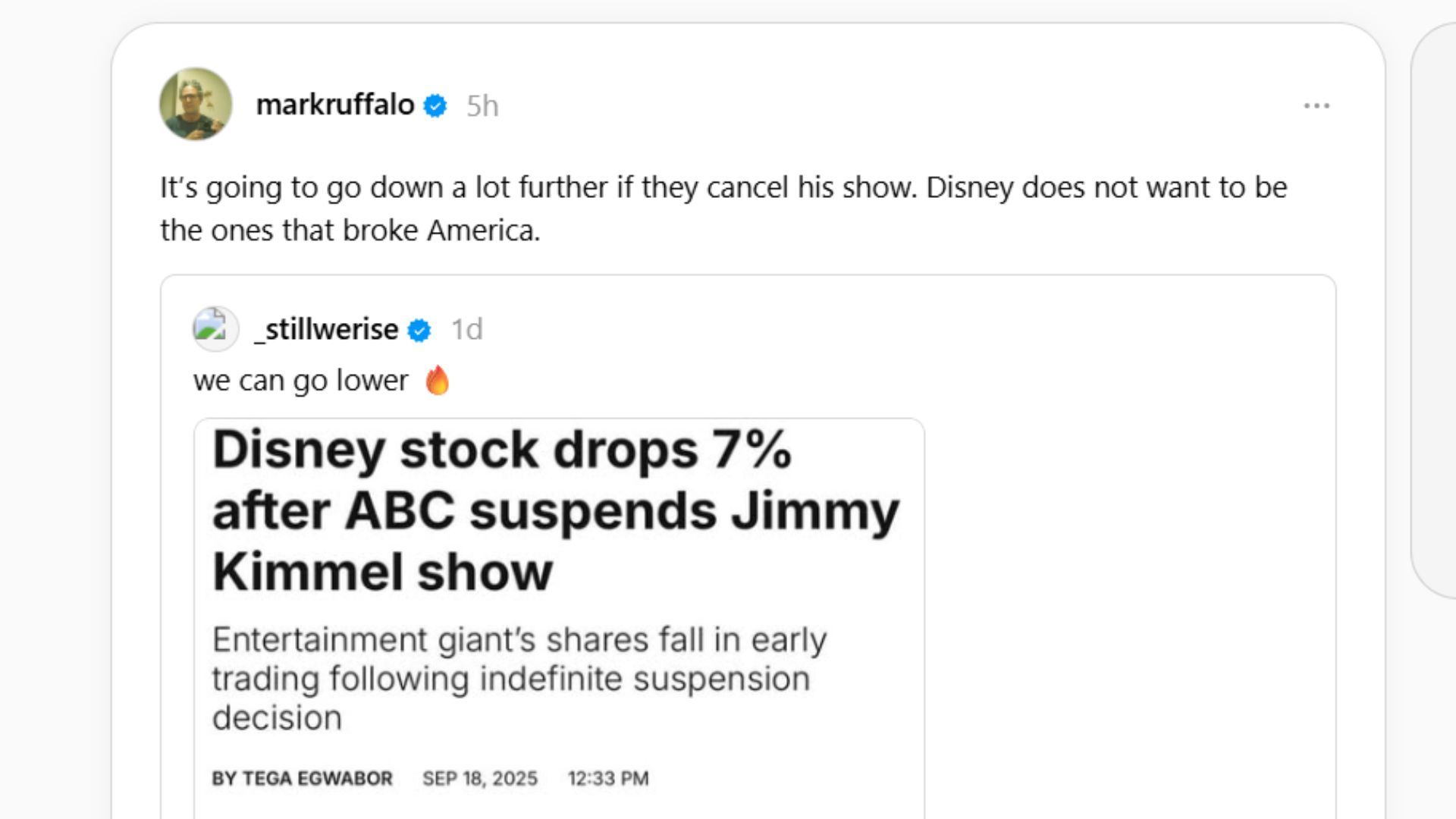 Mark Ruffalo&#039;s post on Threads (Screenshot from Threads/@markruffalo)
