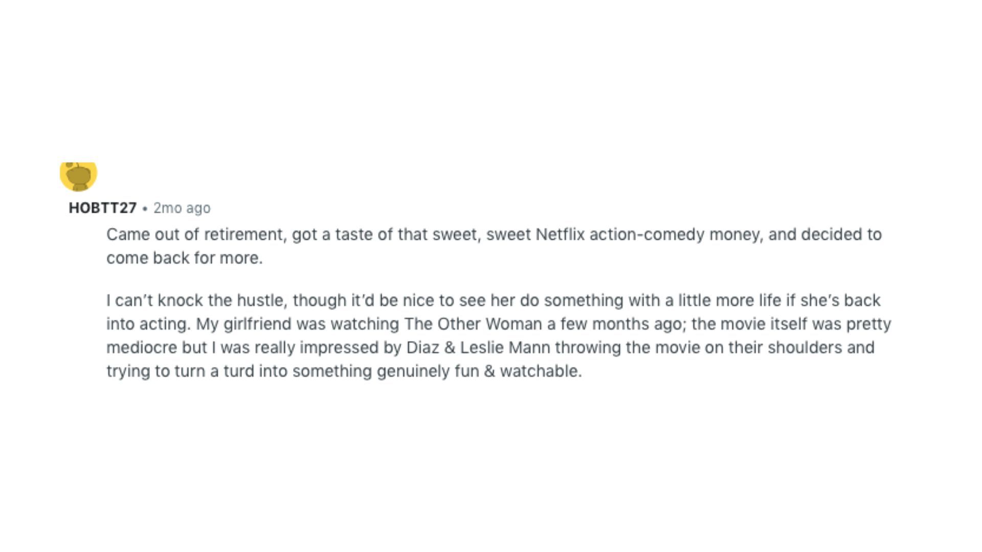A reddit comment about Cameron Diaz&#039;s Bad Day | Image via Reddit r/TheBigPicture