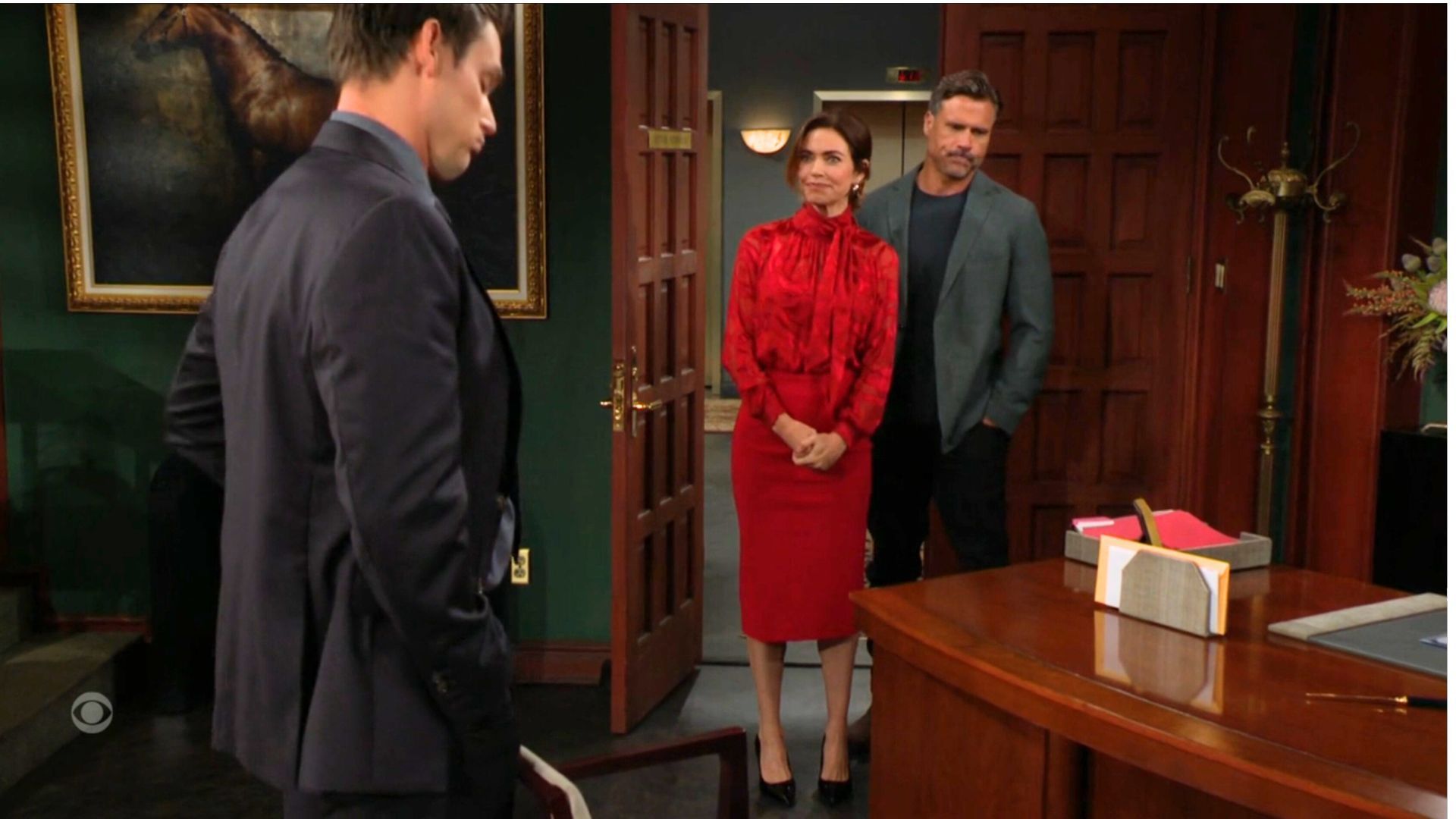 Adam (Mark Grossman), Victoria (Amelia Heinle), and Nicholas (Joshua Morrow) make quite the power trio on The Young and the Restless | Image: CBS