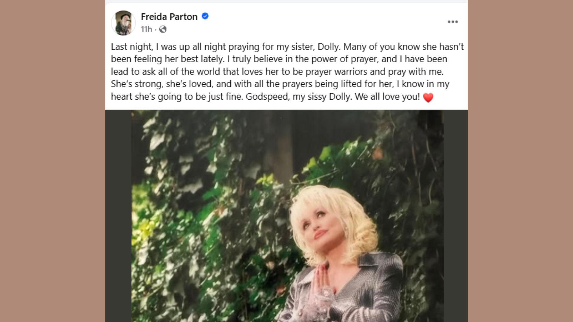 Freida&rsquo;s call for prayer and Dolly&rsquo;s health (Image via Facebook/@FreidaParton)