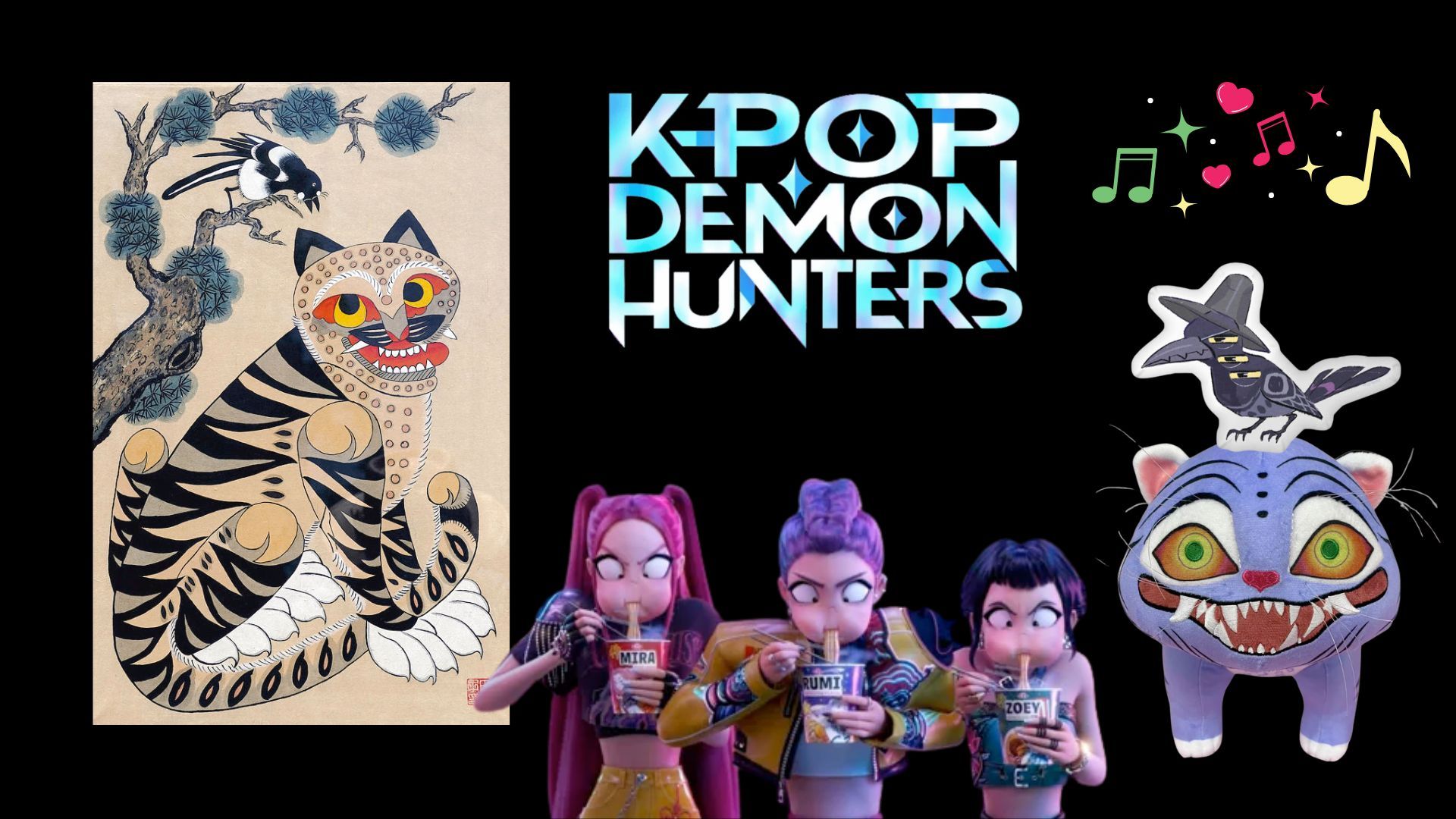 Traditional Korean Art (Tiger and Magpie) + K-Pop Demon Hunters images | Images via: Netflix/Wikipedia | Collage by: Beatrix Kondo of Soap Central