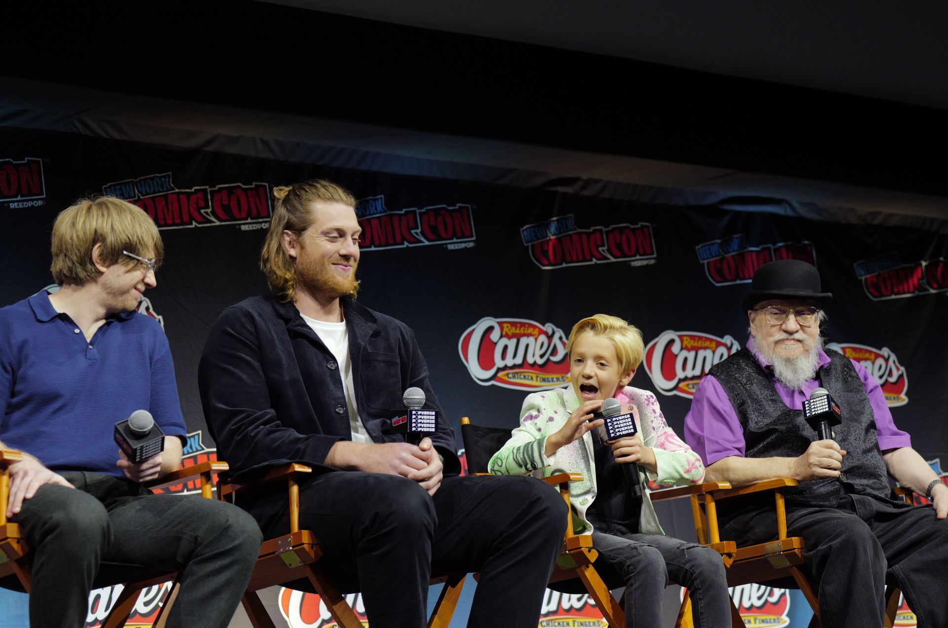 Ira Parker, Peter Claffey, Dexter Sol Ansell and George R.R. Martin speak at HBO / HBO Max presents A Knight of the Seven Kingdoms &ndash; Journey into Westeros with Dunk and Egg during New York Comic Con 2025 at The Jacob K. Javits Convention Center on October 09, 2025 in New York City | Image via: Getty