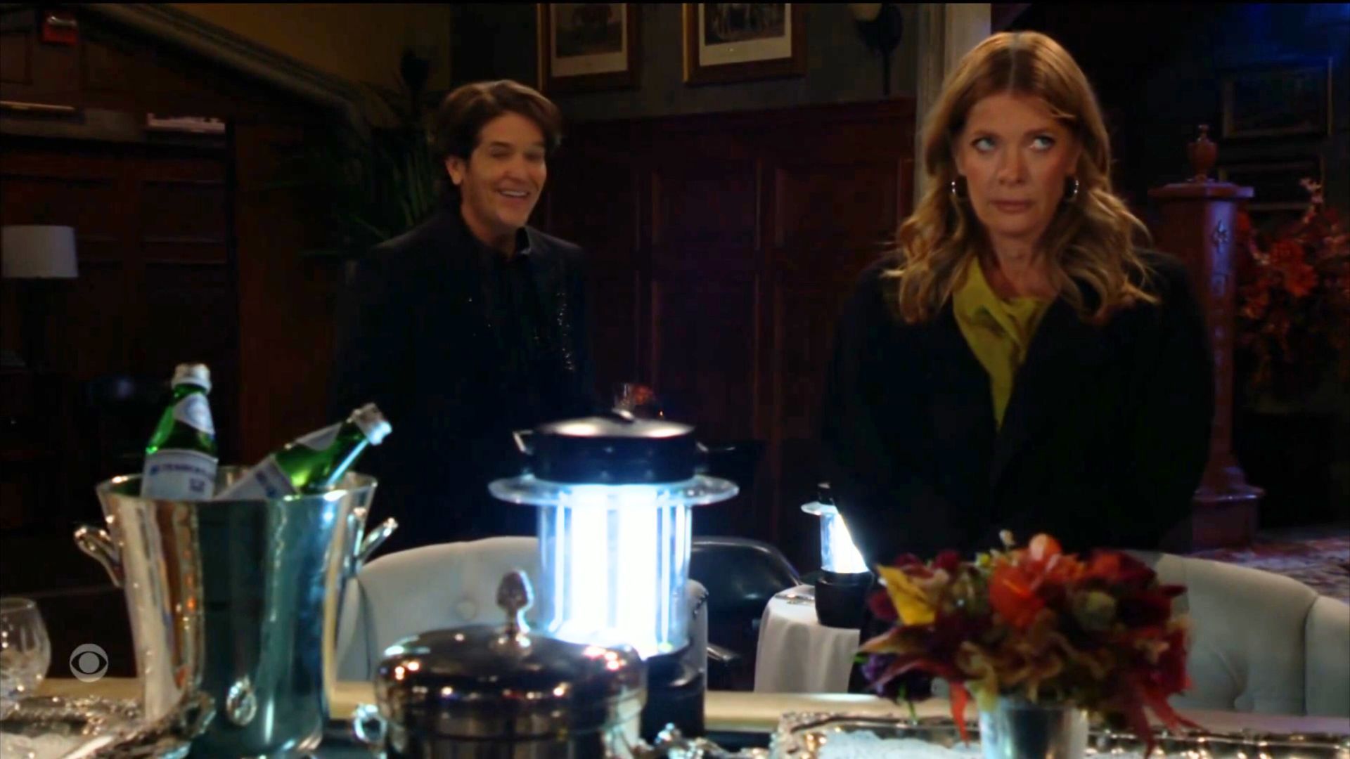 Phyllis (Michelle Stafford) denied to Danny (Michael Damian) that she put an octopus in Paul and Christine&#039;s bed on their honeymoon, but the look on her face said otherwise once she was turned away from him on The Young and the Restless | Image: CBS
