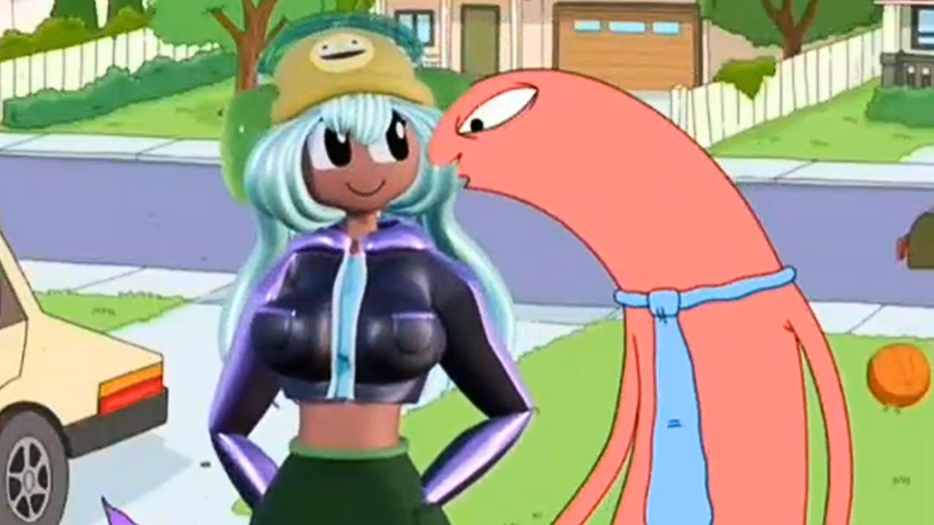 Dolly Dimpley is a fan-made Smiling Friends character with blue hair, green shorts, and a yellow beanie (Image via Critter Clipz 2002)