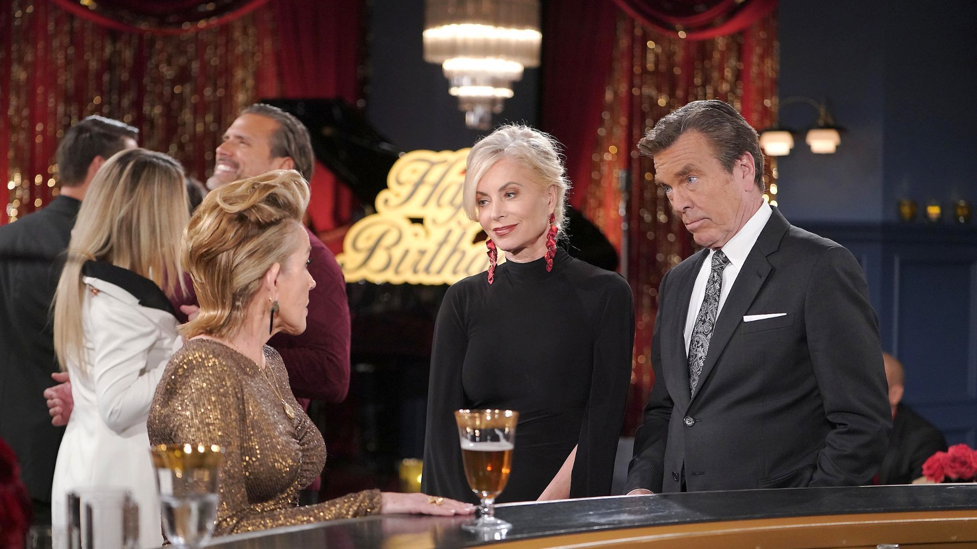 Eileen Davidson (Ashley), Peter Bergman (Jack), Melody Thomas Scott (Nikki), and, in the background, Joshua Morrow (Nick), on The Young and the Restless | Image: JPI