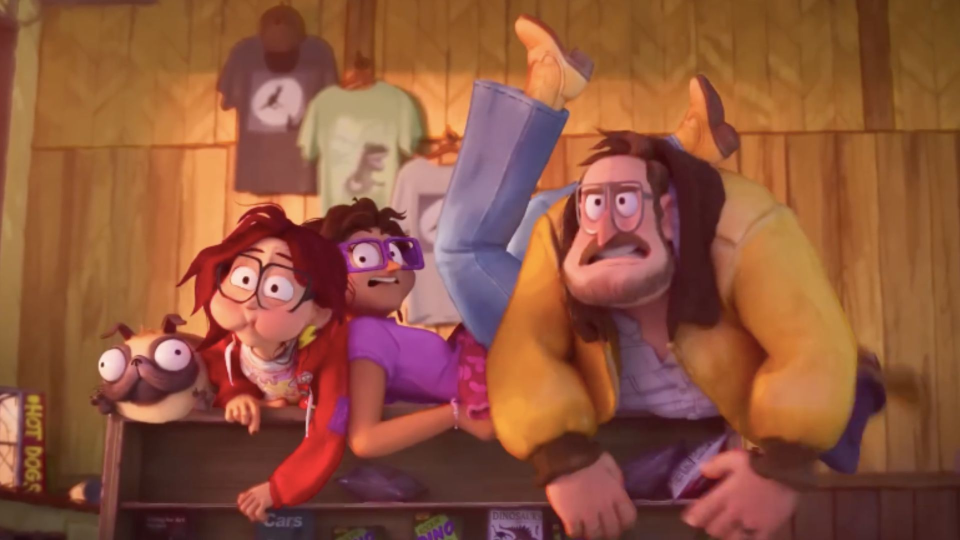 A still from The Mitchells vs. the Machines, featuring Monchi, Katie, Linda and Rick (Left to right)