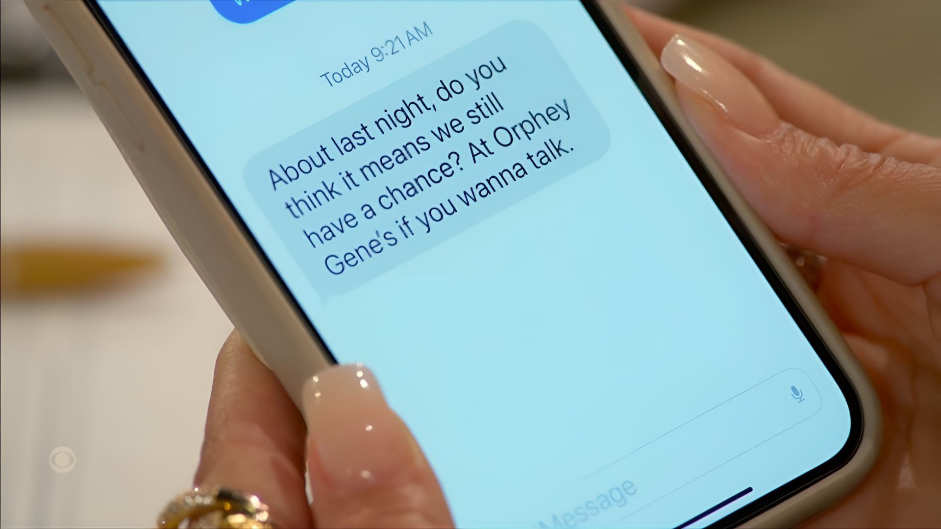 Nicole got the About Last Night text from Ted on Beyond the Gates | Image: CBS