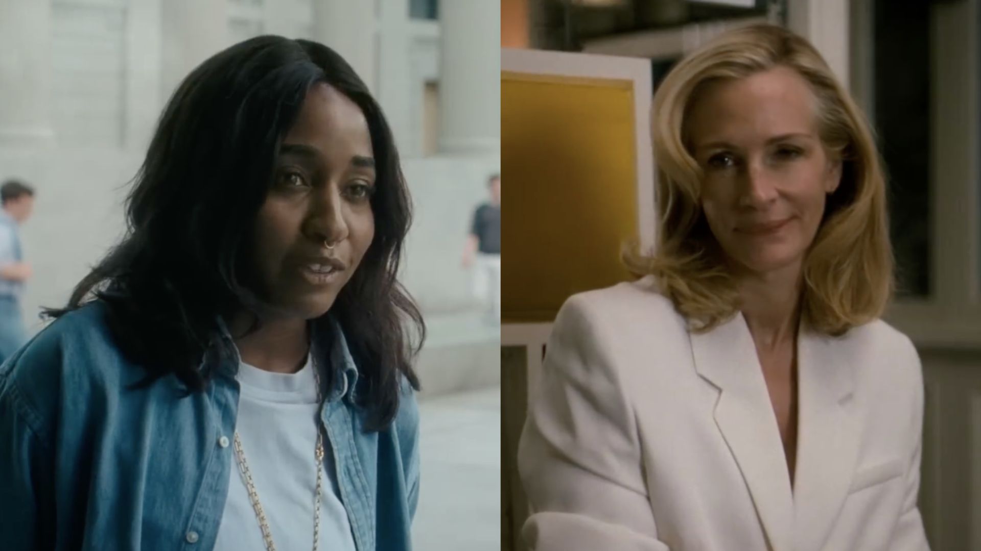 This is a collage of the stills of Ayo Edebiri (left) and Julia Roberts (right) in 