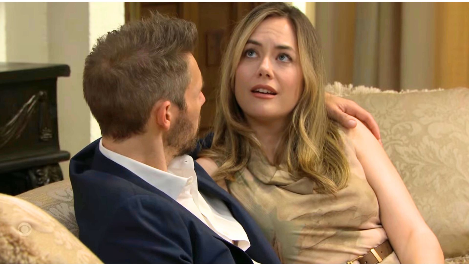 Hope and Liam discuss their engagement on The Bold and the Beautiful | Image: CBS