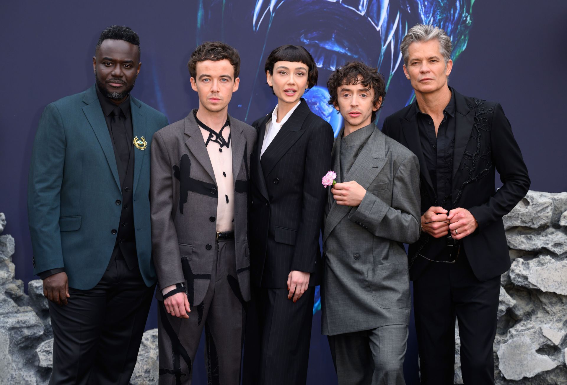Babou Ceesay, Alex Lawther, Sydney Chandler, Samuel Blenkin and Timothy Olyphant at the &quot;Alien: Earth&quot; European Premiere in London, England | Image via: Getty