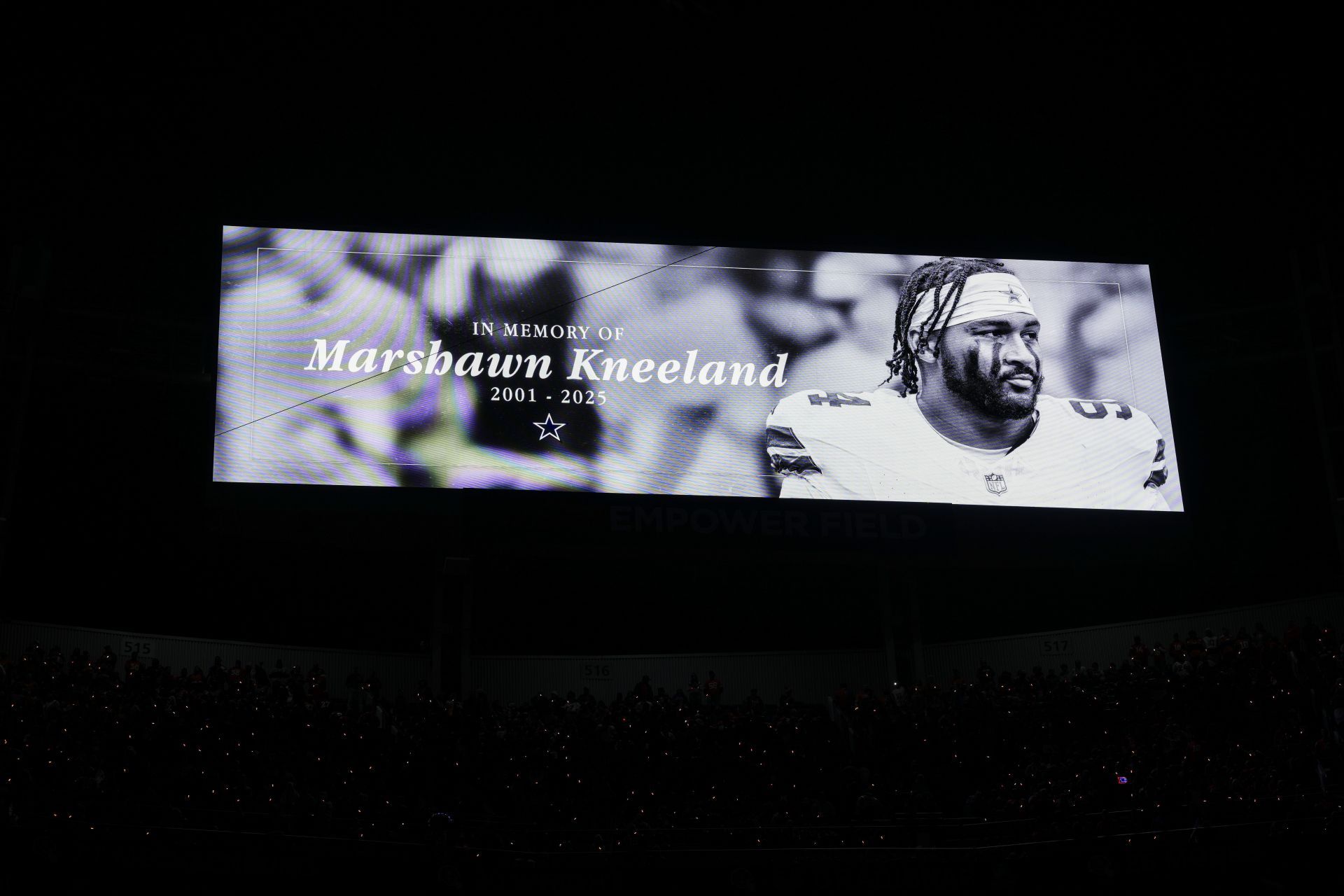 A graphic honoring Marshawn Kneeland before the game between the Las Vegas Raiders and the Denver Broncos last week in Denver (Image via Getty)